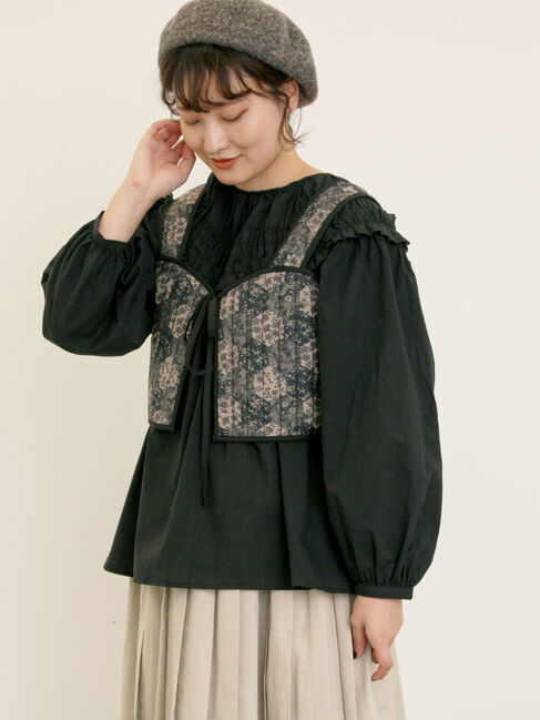 Samansa Mos2「パッチワーク風花柄キルトビスチェ」|ダウンベスト・ベスト|ブラック