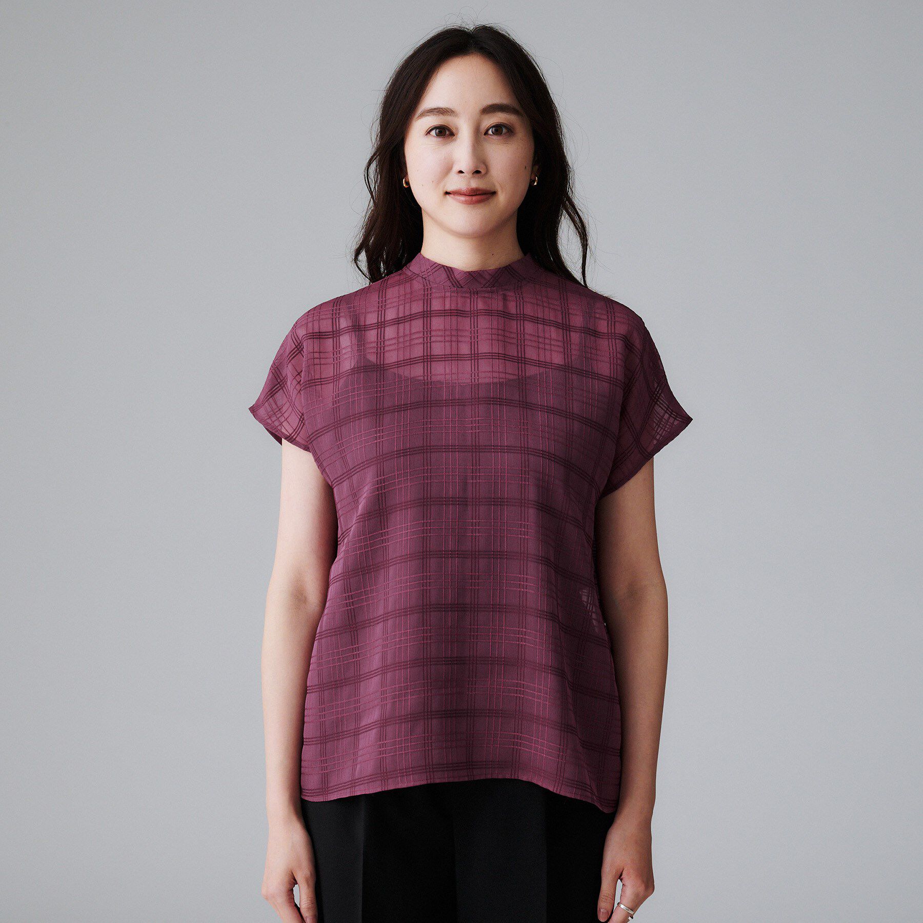 UNTITLED「【シアー】チェックスタンドネックブラウス」|シャツ・ブラウス|