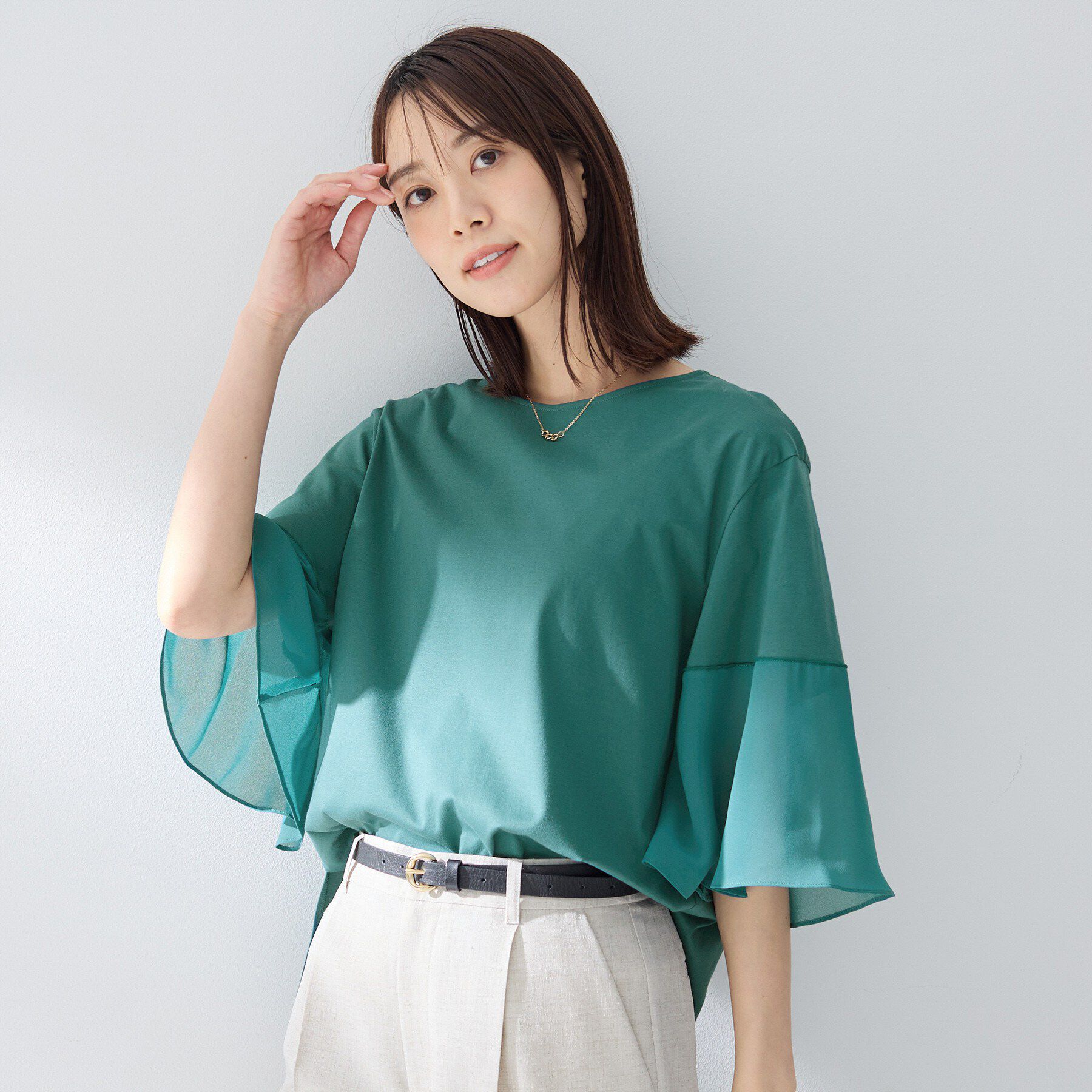 UNTITLED「【洗える／袖シアー／Tシャツ風】袖シアープルオーバー」|Tシャツ・カットソー|グリーン(022)