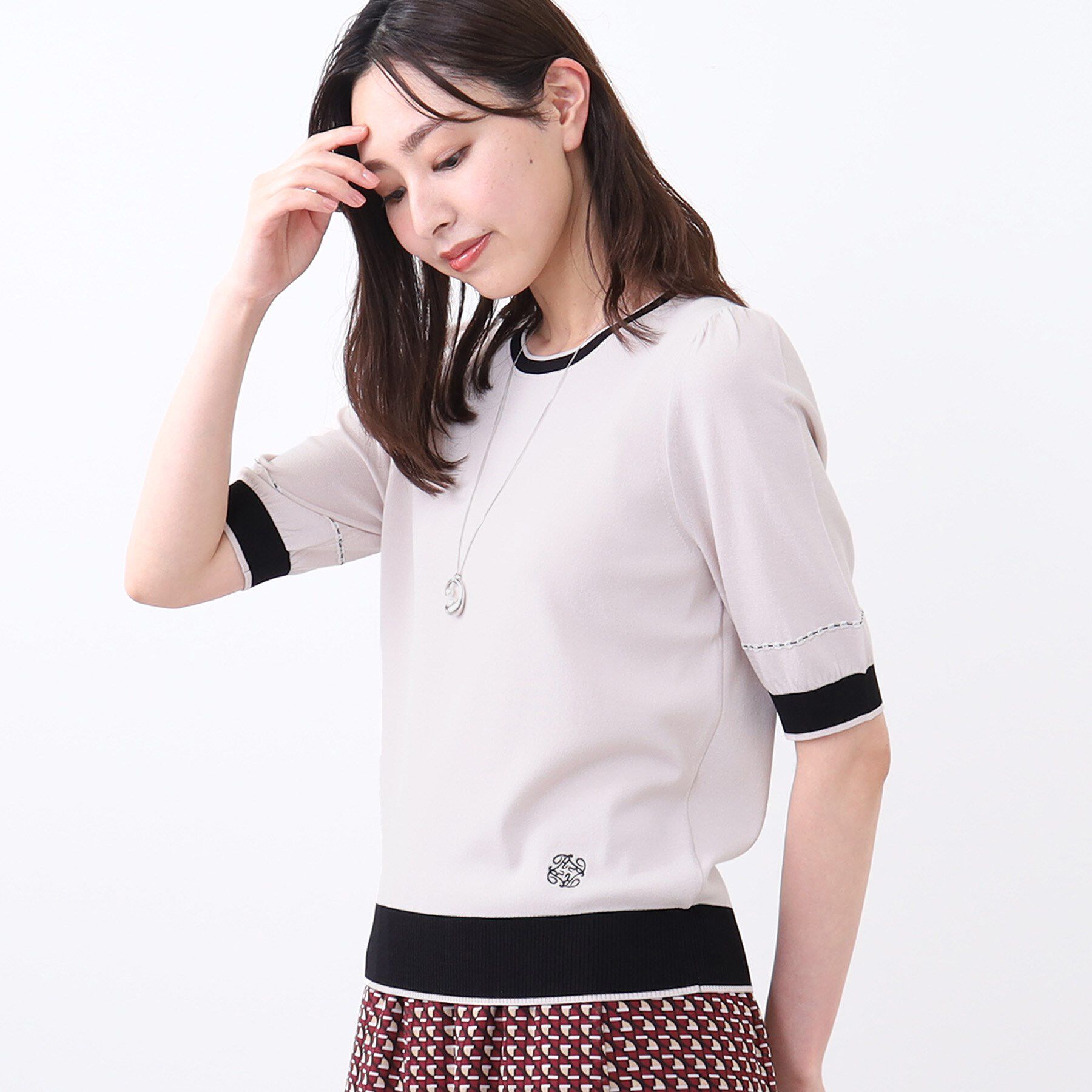 Reflect「【WEB先行カラーあり／手洗い可／アンサンブル可】バイカラー五分袖ニット」|ニット・セーター|