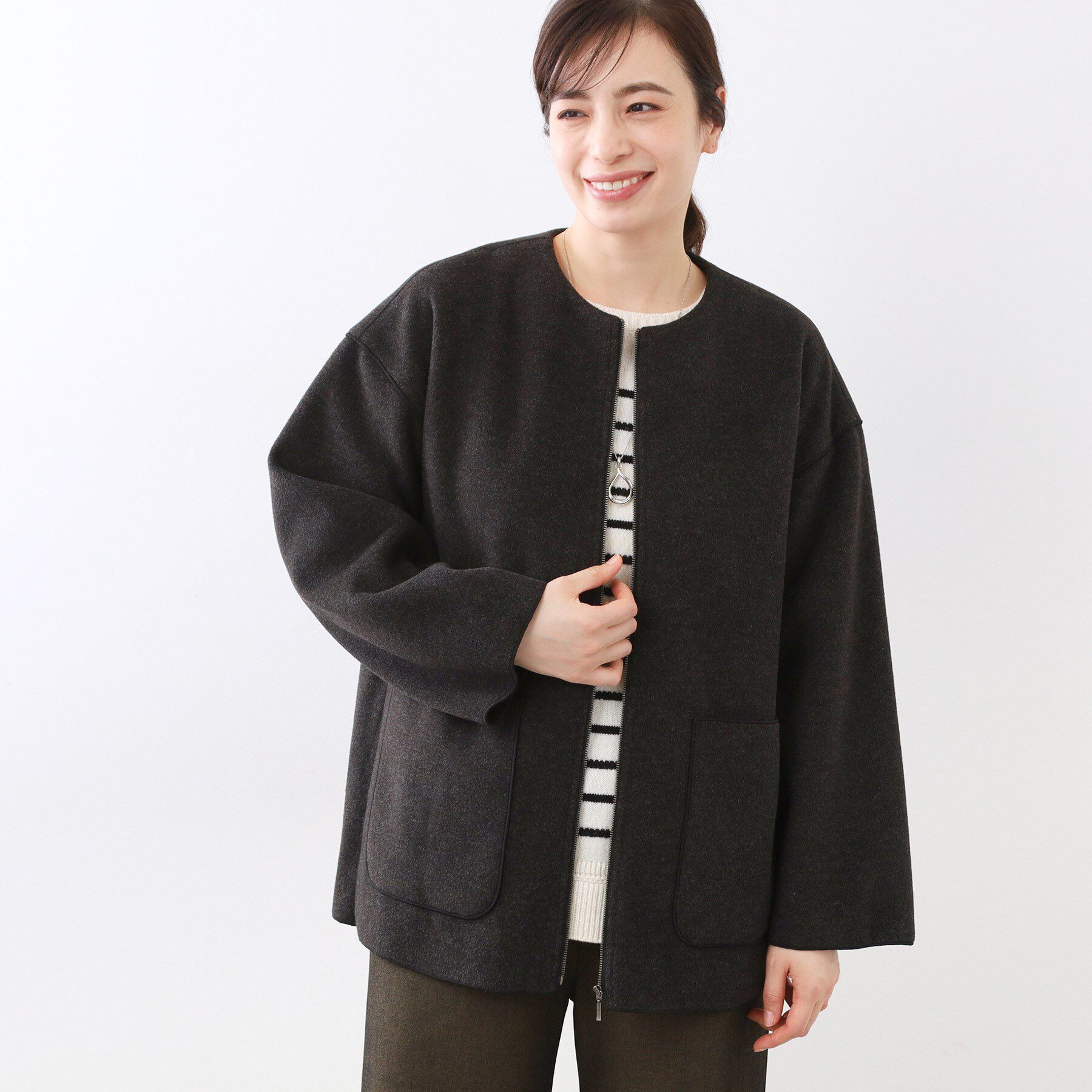 Reflect「【体型カバー／ゆったり着られる◎】リラクシーパイルコート」|ノーカラーコート|チャコールグレー(0