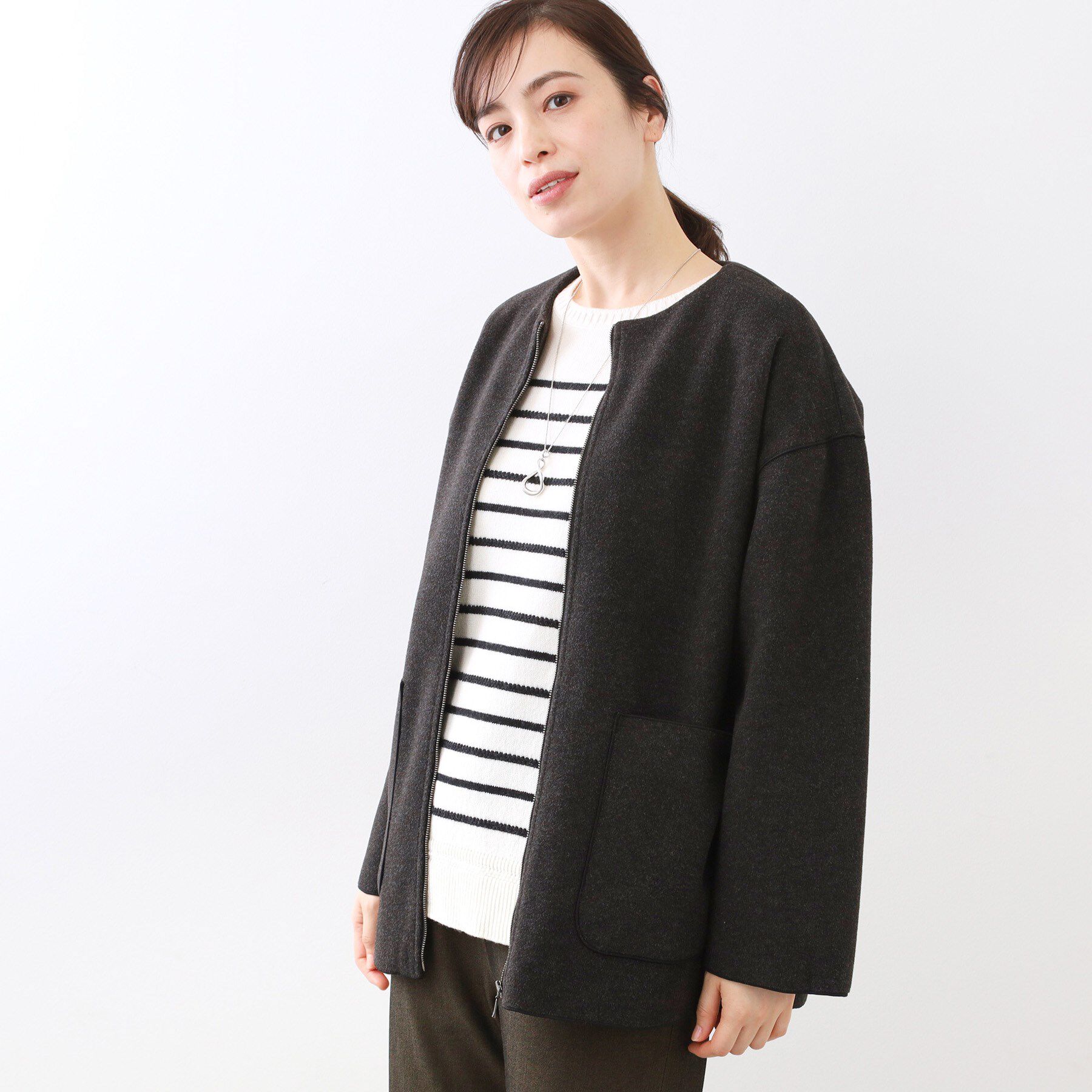 Reflect「【体型カバー／ゆったり着られる◎】リラクシーパイルコート」|ノーカラーコート|