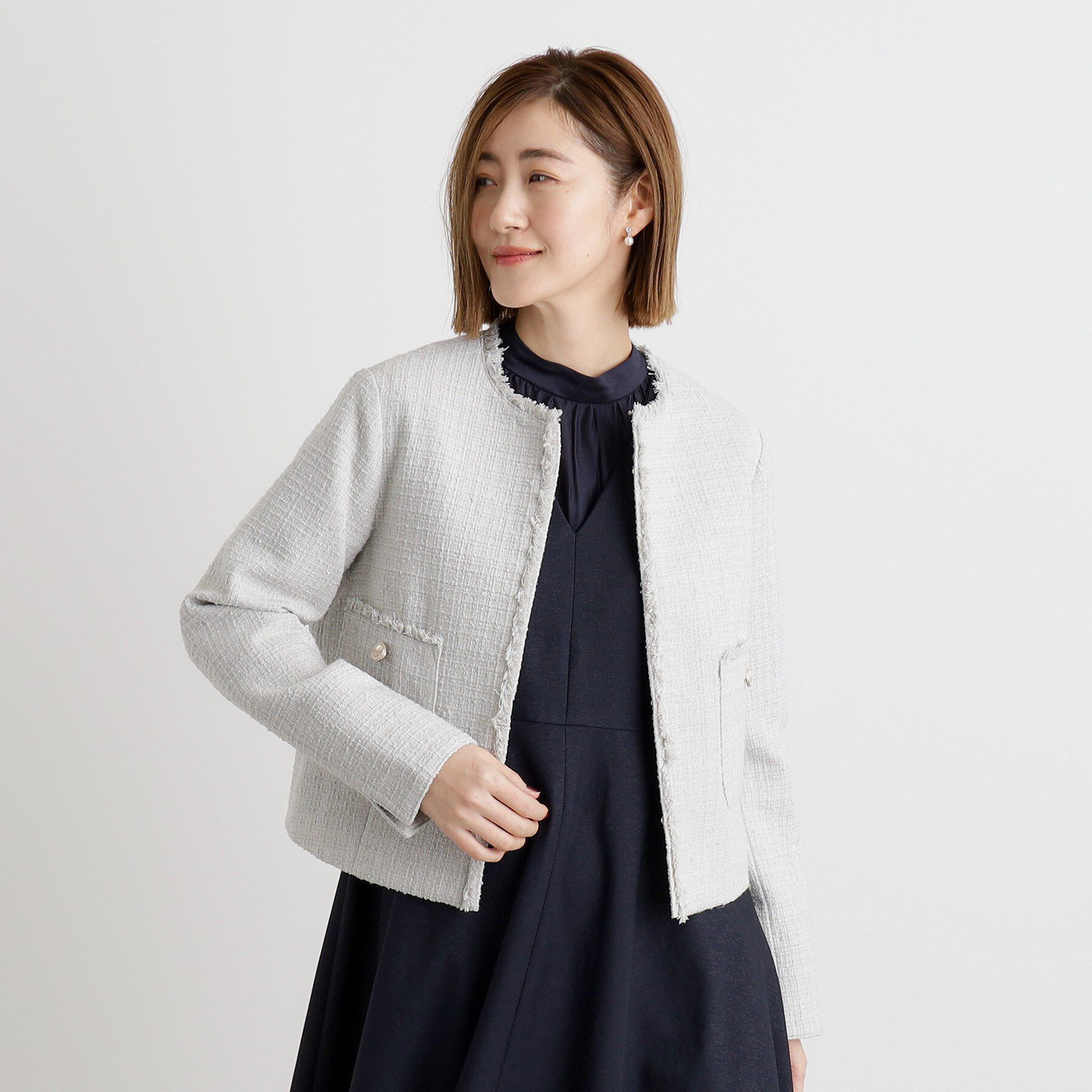 grove「【雑誌掲載】ツイードコンパクトジャケット」|ノーカラージャケット|