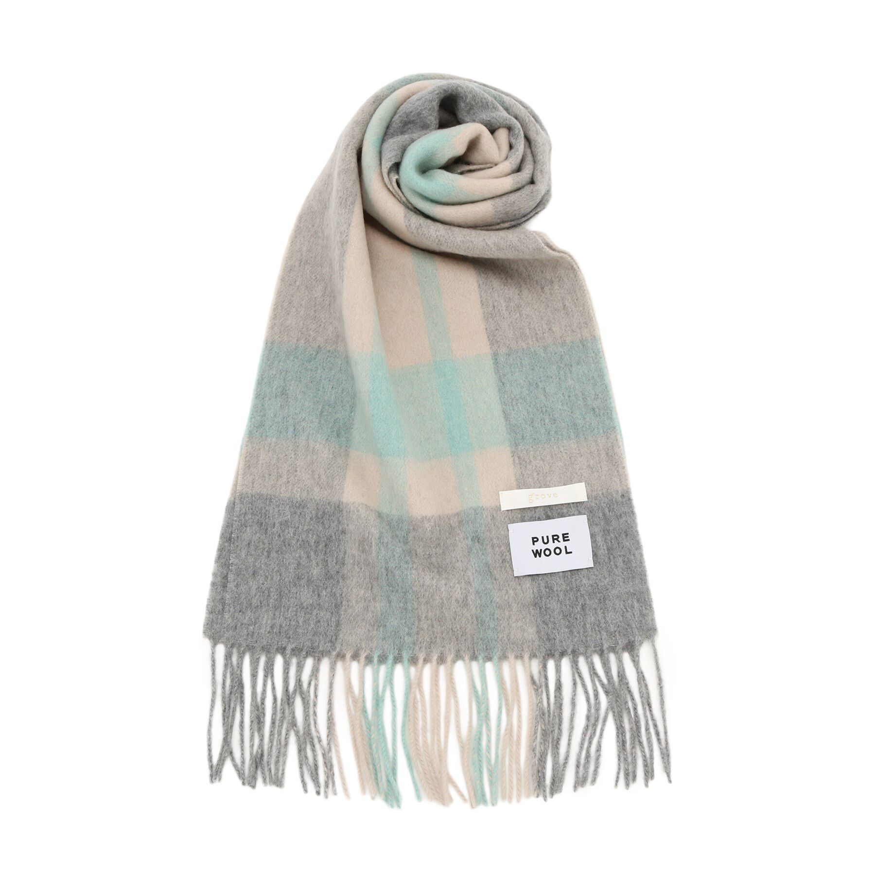 grove「洗えるウール100％チェックマフラー」|ストール|ミントグリーン(22