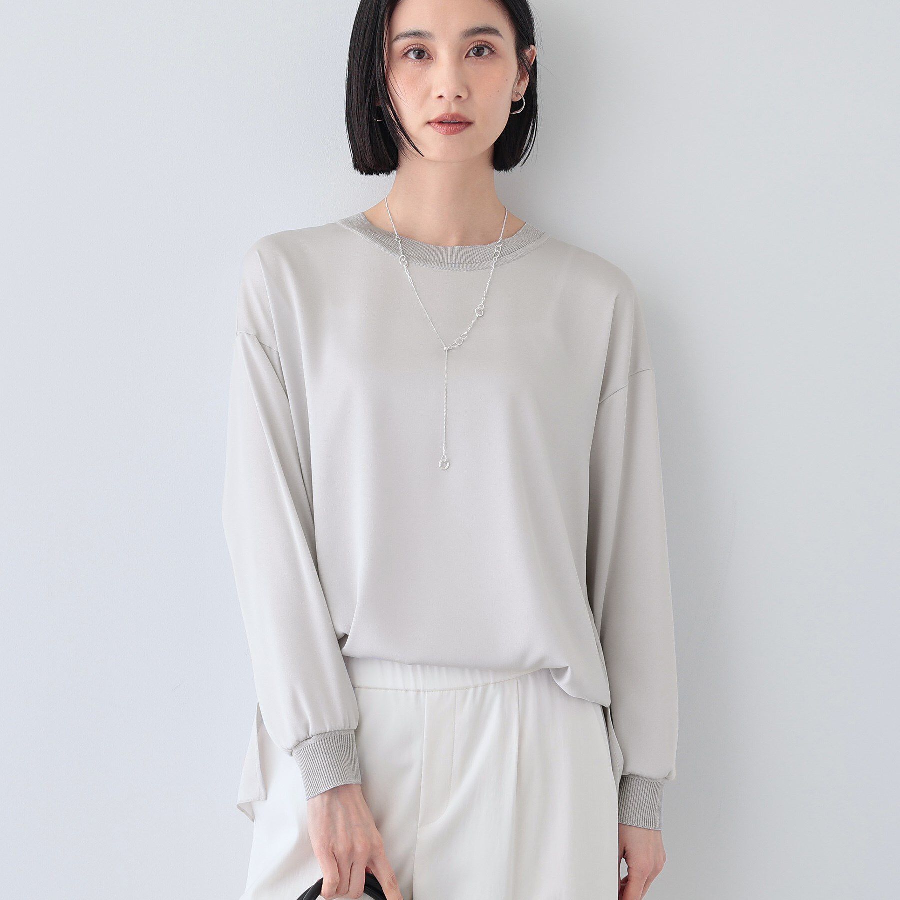 INDIVI「【洗える】異素材ドッキングトップス」|Tシャツ・カットソー|ライトグレー(011