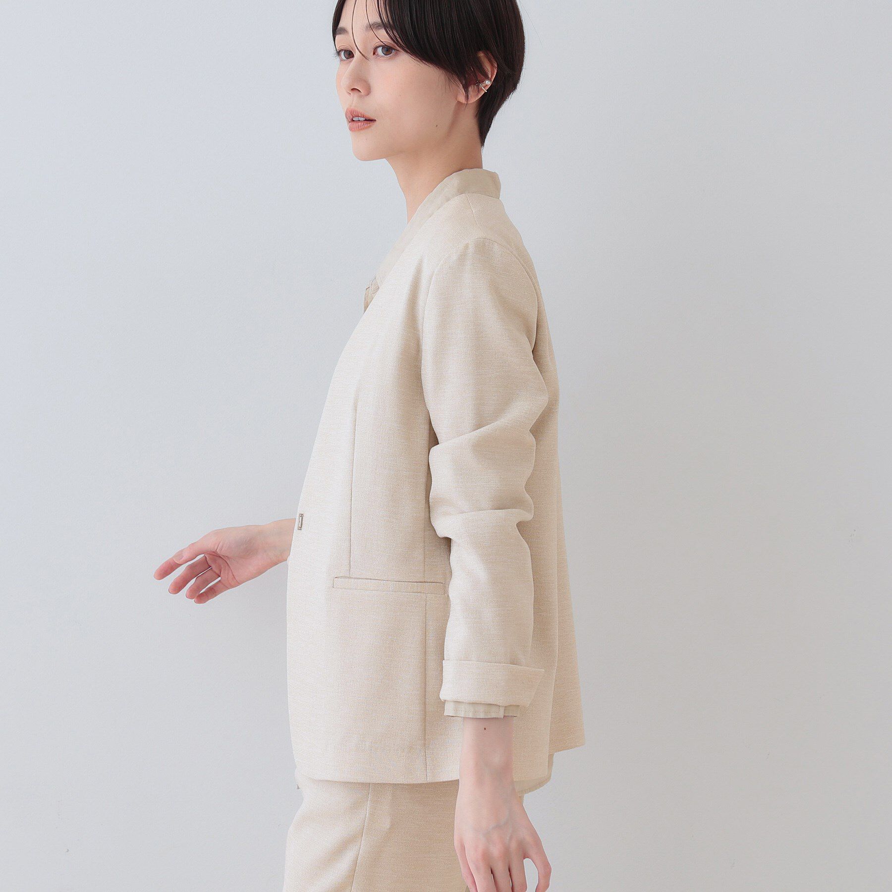 INDIVI「【こなれSETUP】リネンライクノーカラージャケット」|ノーカラージャケット|