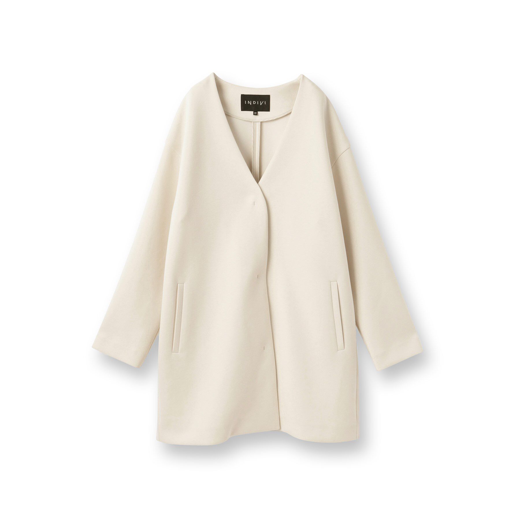 INDIVI「【秋／軽羽織り】ノーカラーミドル丈ライトコート」|ノーカラージャケット|