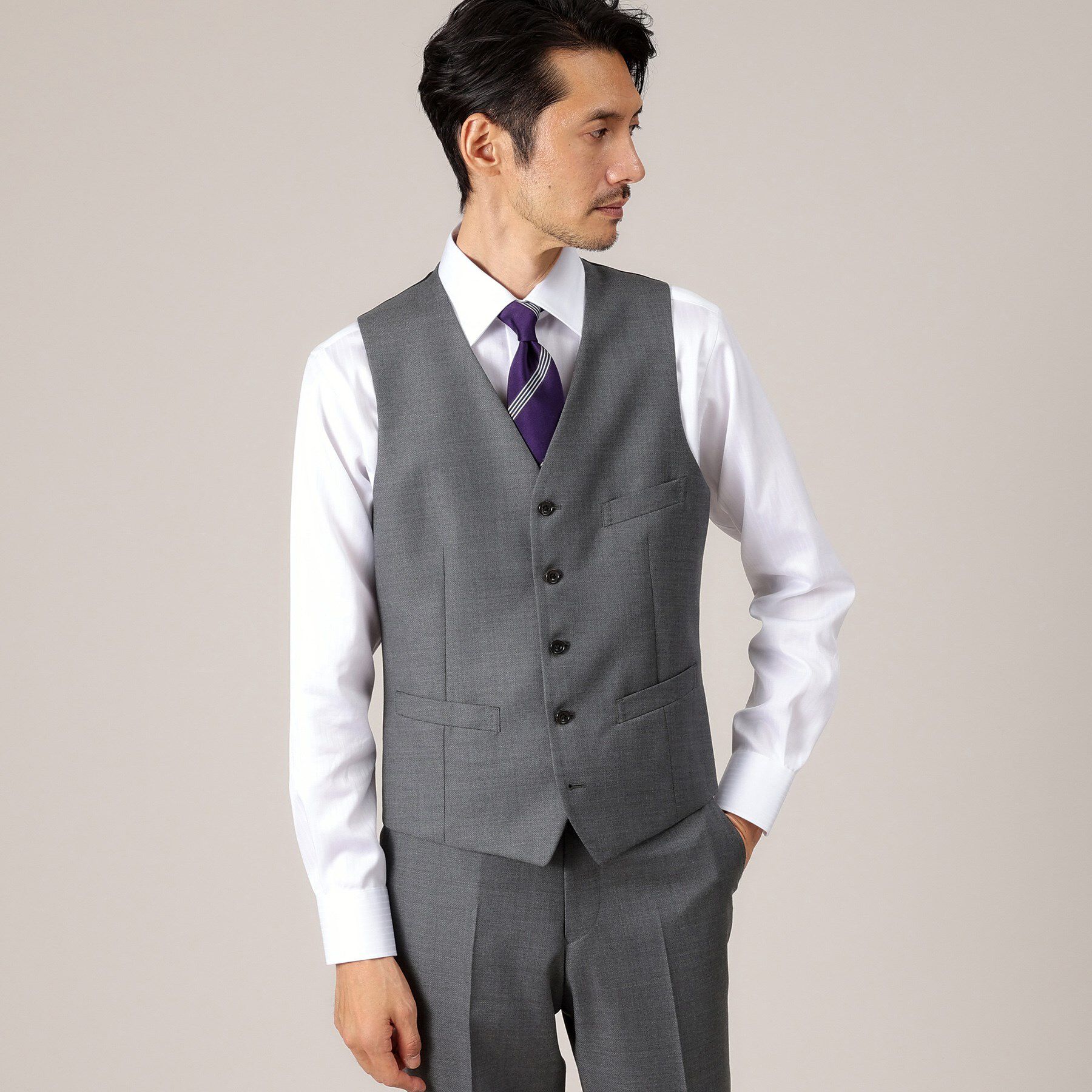 TAKEO KIKUCHI「【DORMEUIL AMADEUS365】ダイアゴナル柄 ベスト /3ピース対応」|スーツ|グレー(012)