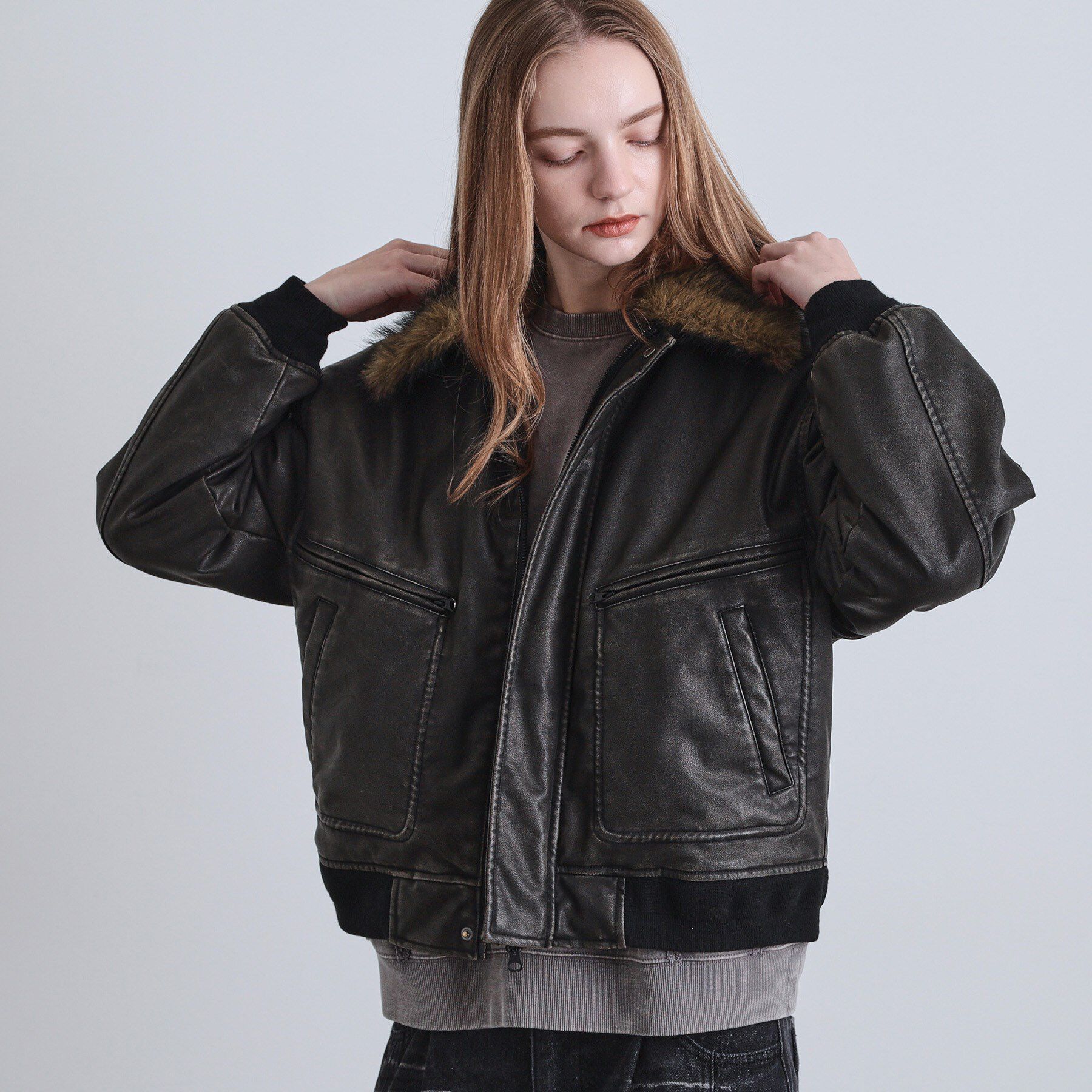 tk.TAKEO KIKUCHI「ヴィンテージライク衿フェイクファーブルゾン」|ブルゾン・スタジャン|