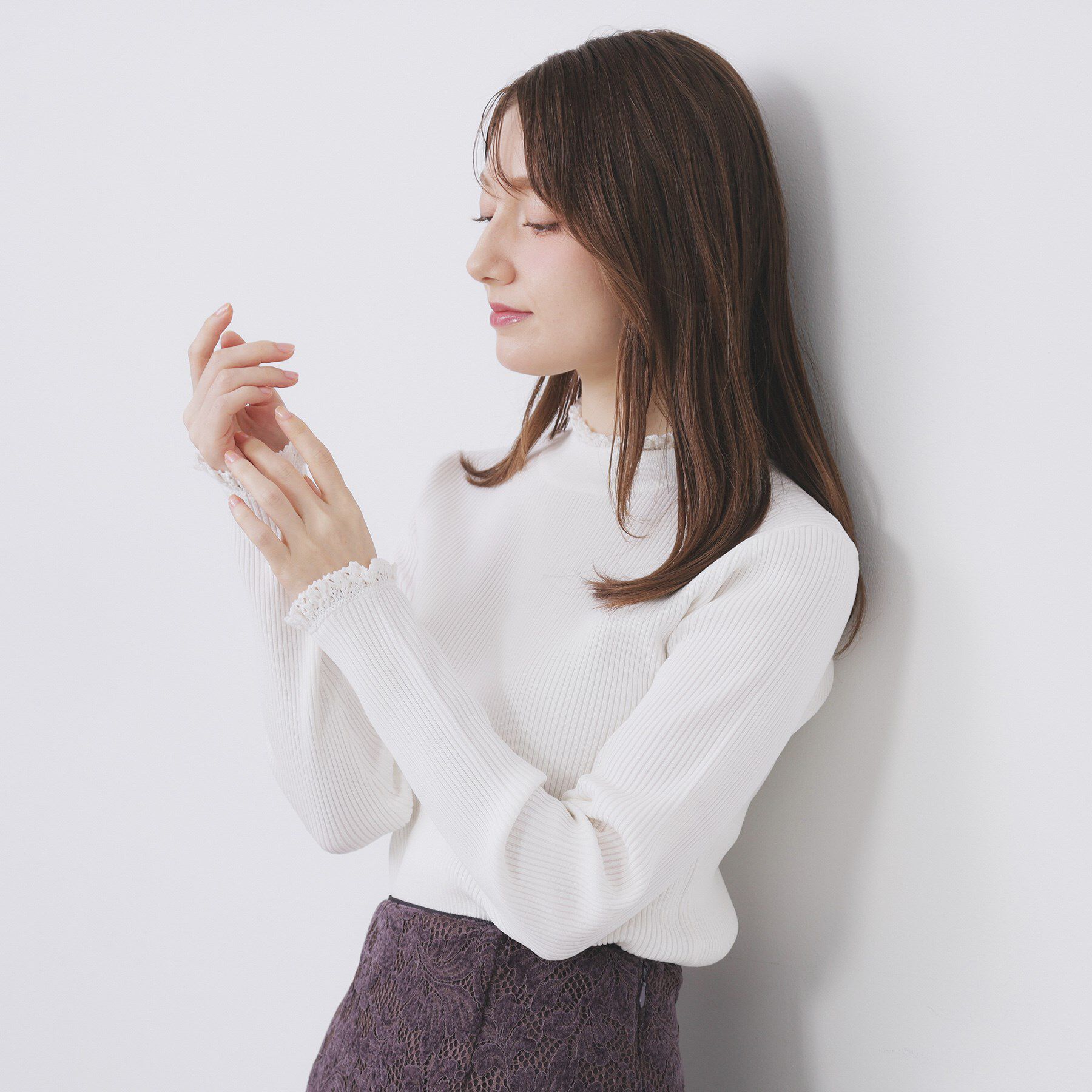 index「コットンレースフリルリブニット【洗濯機OK/抗ピル】」|ニット・セーター|