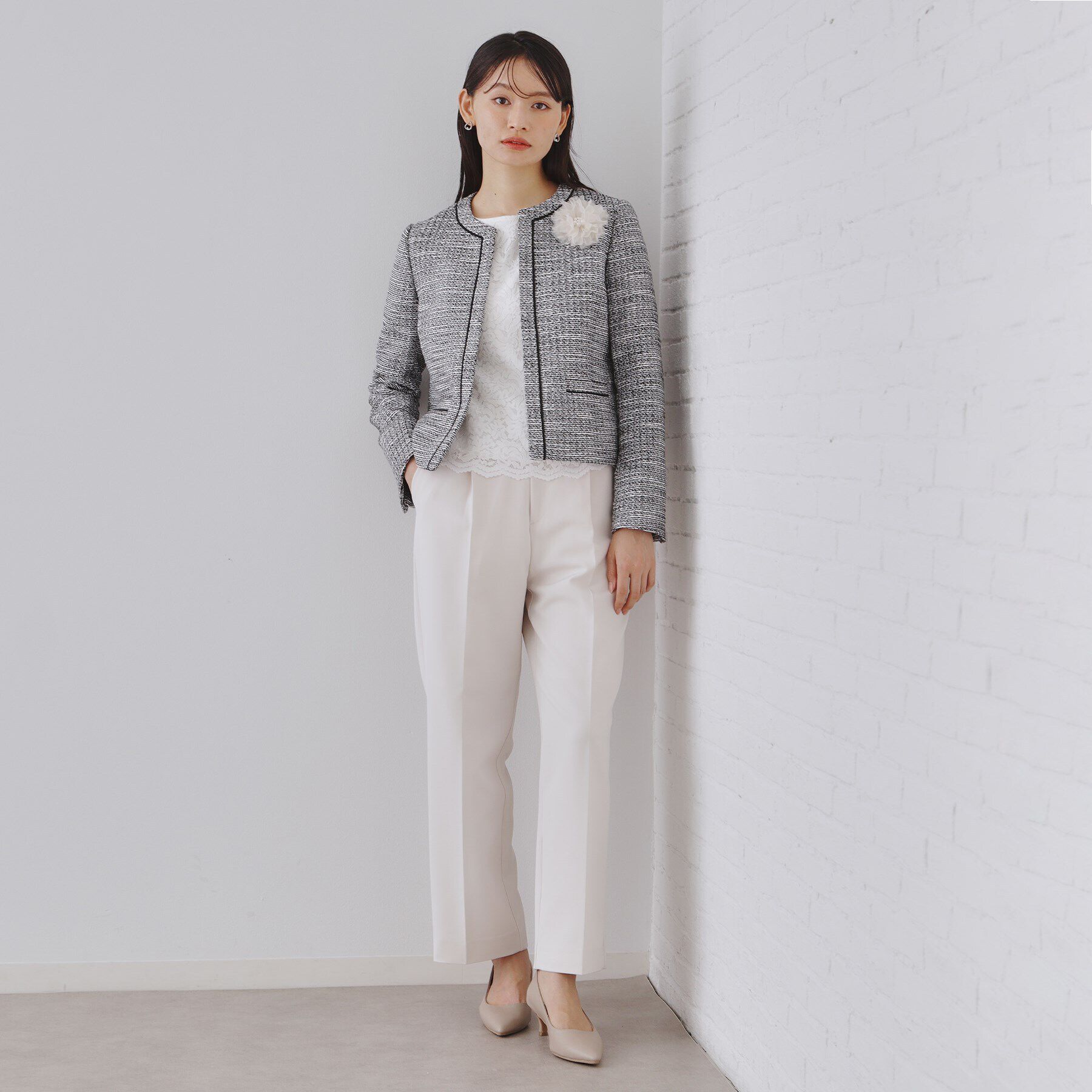 OPAQUE.CLIP「《通勤対応》コットンツイードジャケット」|ノーカラージャケット|