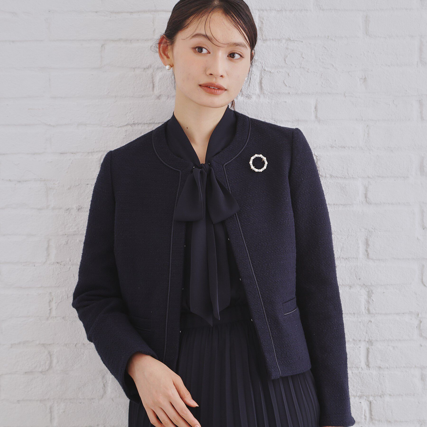 OPAQUE.CLIP「《通勤対応》コットンツイードジャケット」|ノーカラージャケット|ネイビー(094)