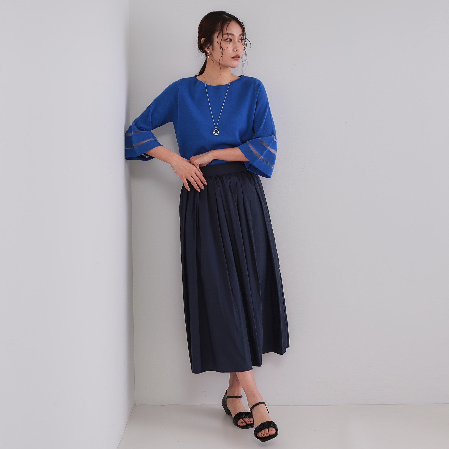 OPAQUE.CLIP「《6色展開》シアーボーダーフレアスリーブニット【洗濯機洗い可】」|ニット・セーター|