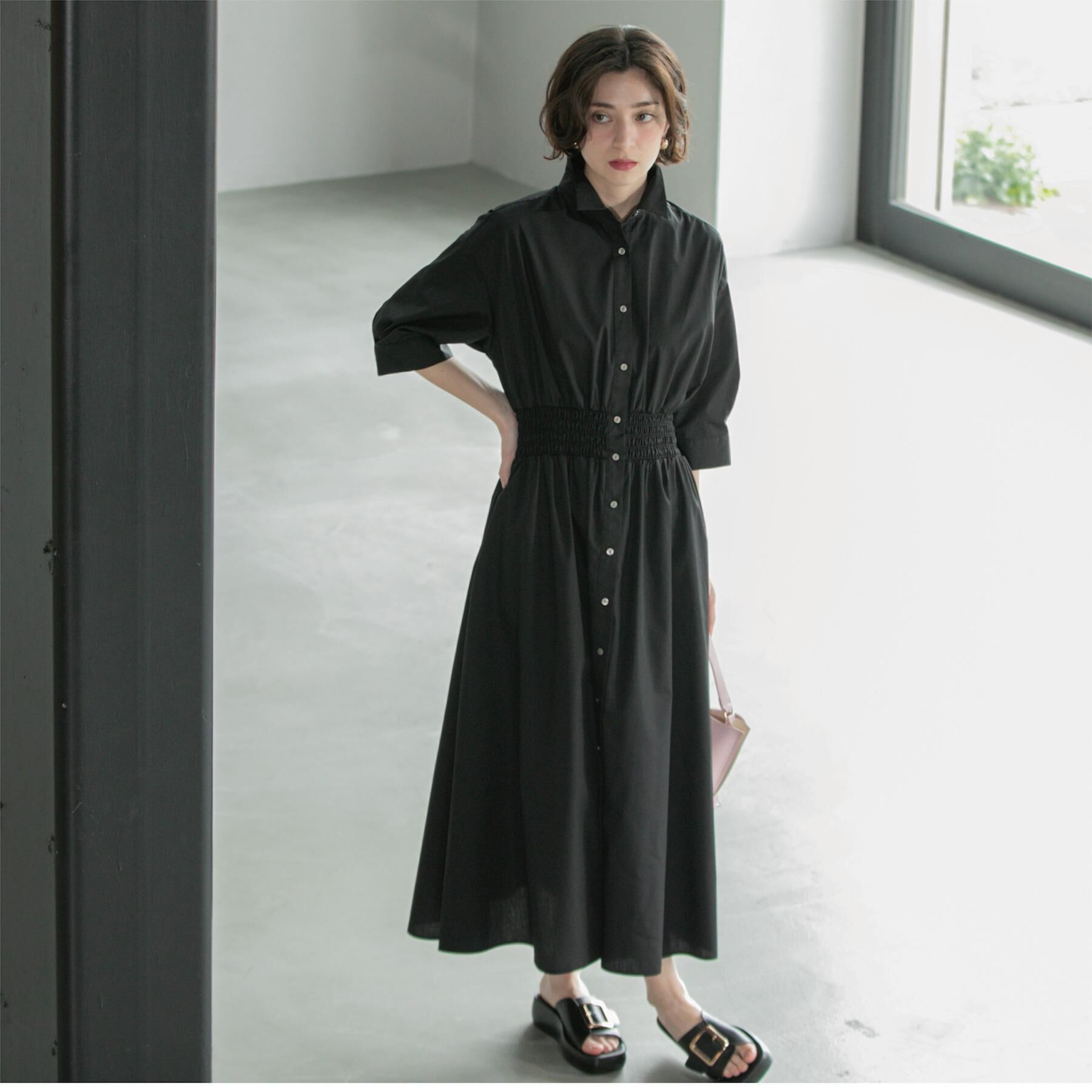 OPAQUE.CLIP「《5色展開》フィット＆フレアシャツワンピース【洗濯機洗い可】」|ワンピース|ブラック(019)