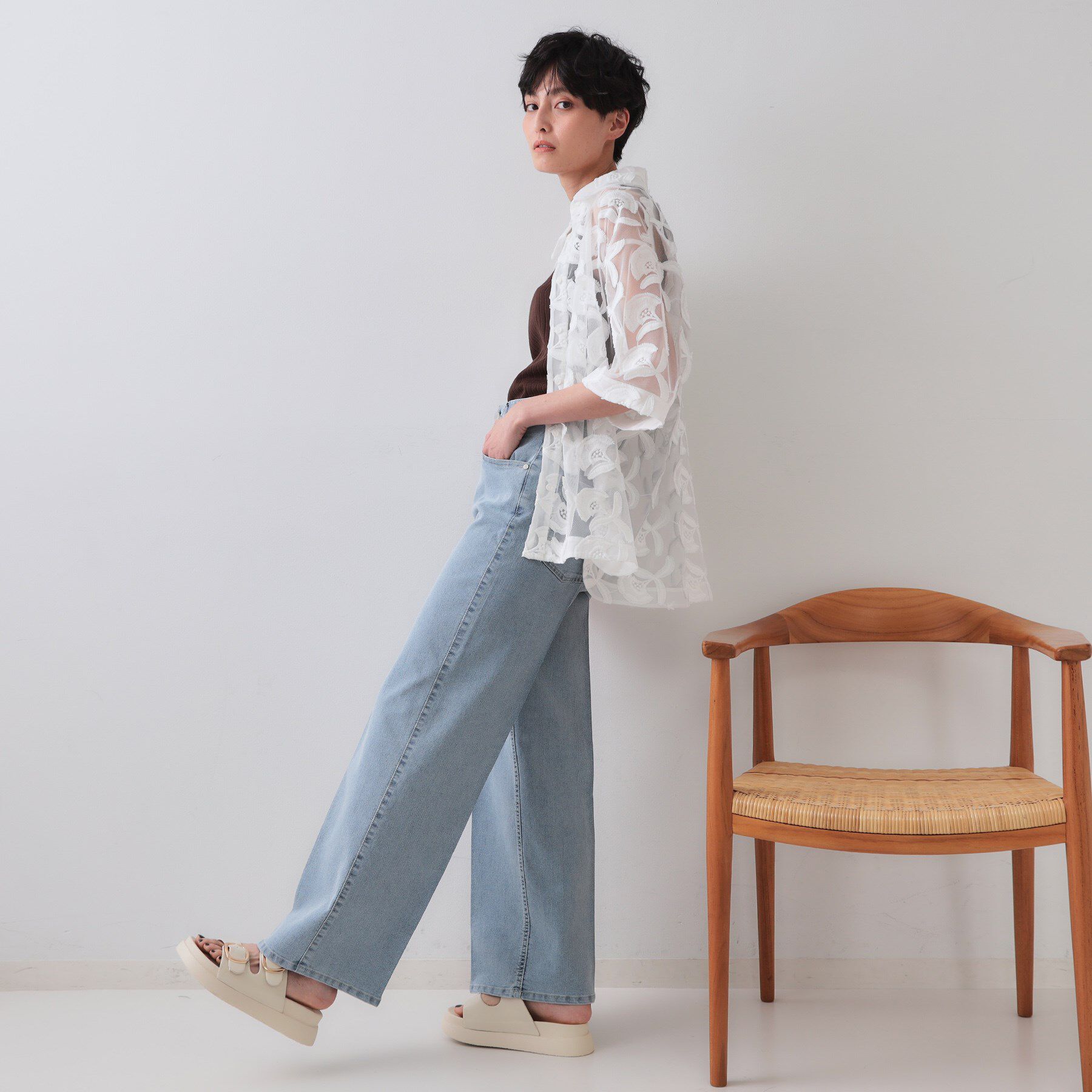 OPAQUE.CLIP「ストレッチライトオンスワイドデニム【洗濯機洗い可】」|デニム|