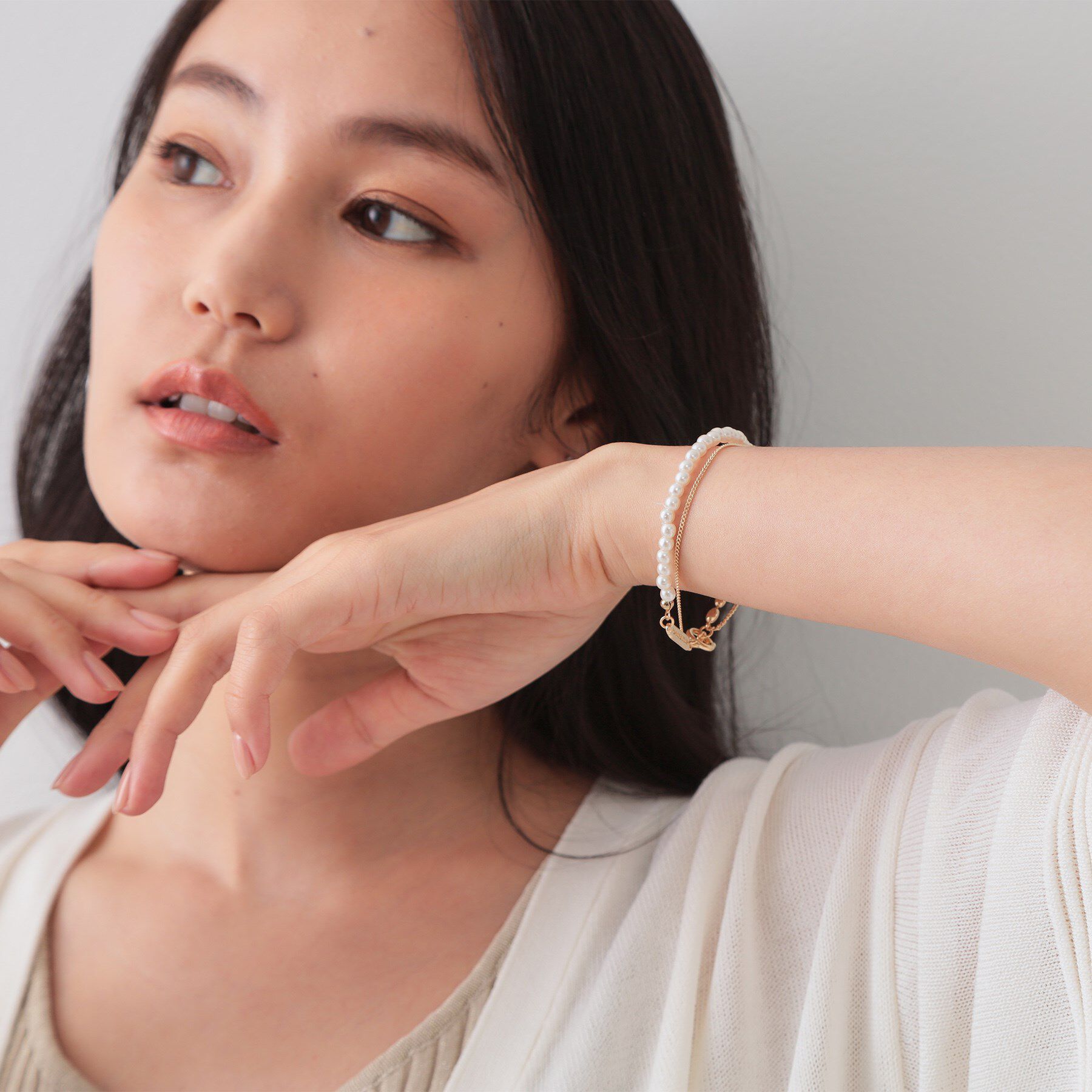 OPAQUE.CLIP「フェイクパール&times;チェーン2連ブレスレット」|ブレスレット・バングル|