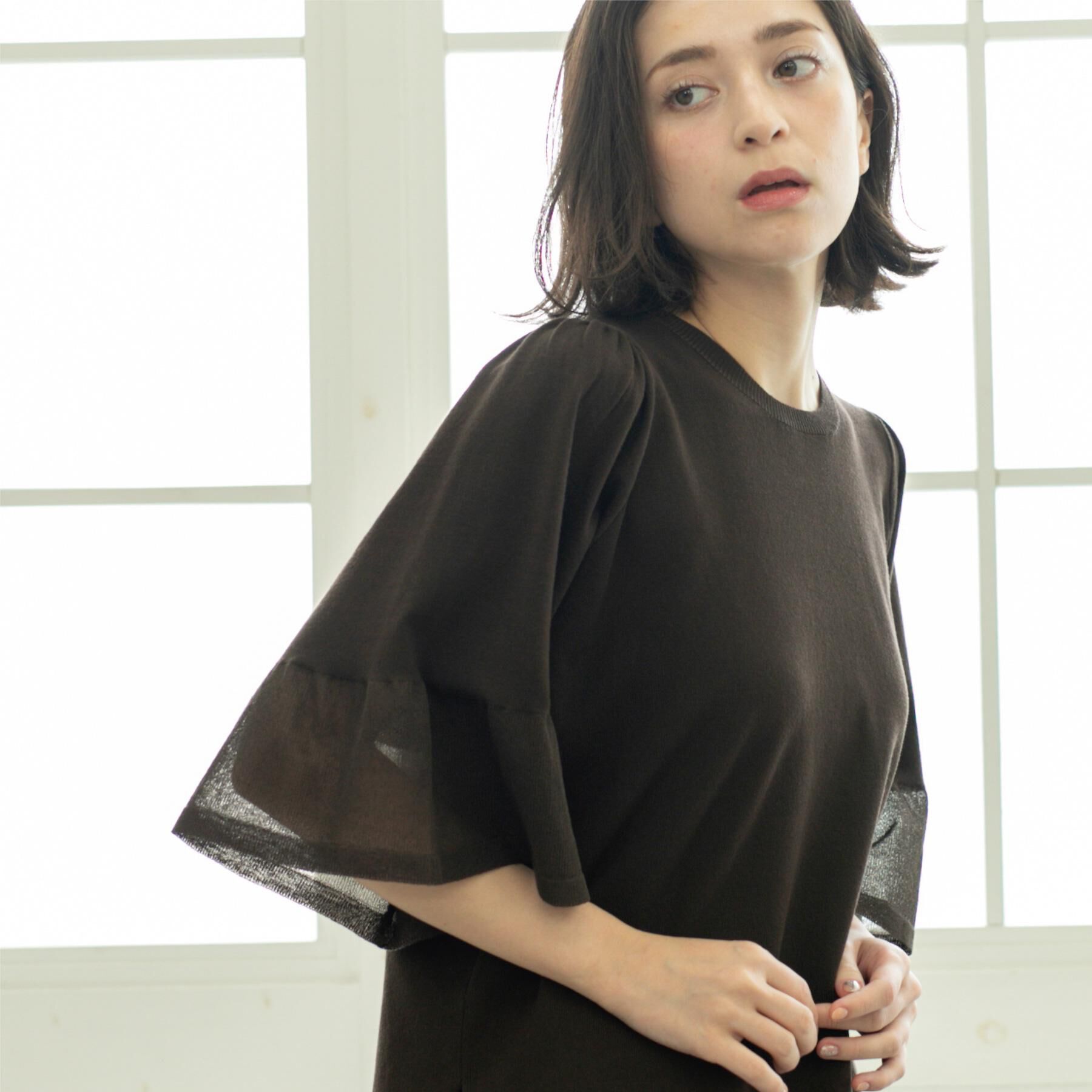OPAQUE.CLIP「《5色展開》シアーフレアスリーブニット【洗濯機洗い可】」|ニット・セーター|ブラウン(044)