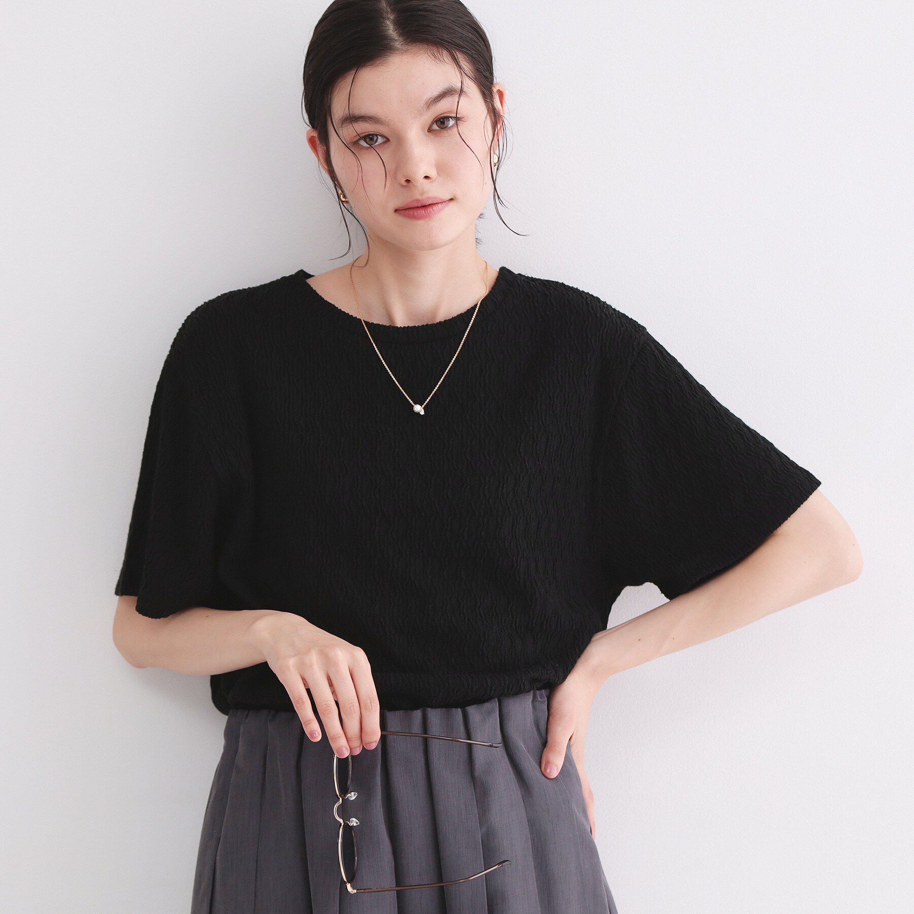 OPAQUE.CLIP「ふくれジャカードトップス【洗濯機洗い可】」|Tシャツ・カットソー|ブラック(019)