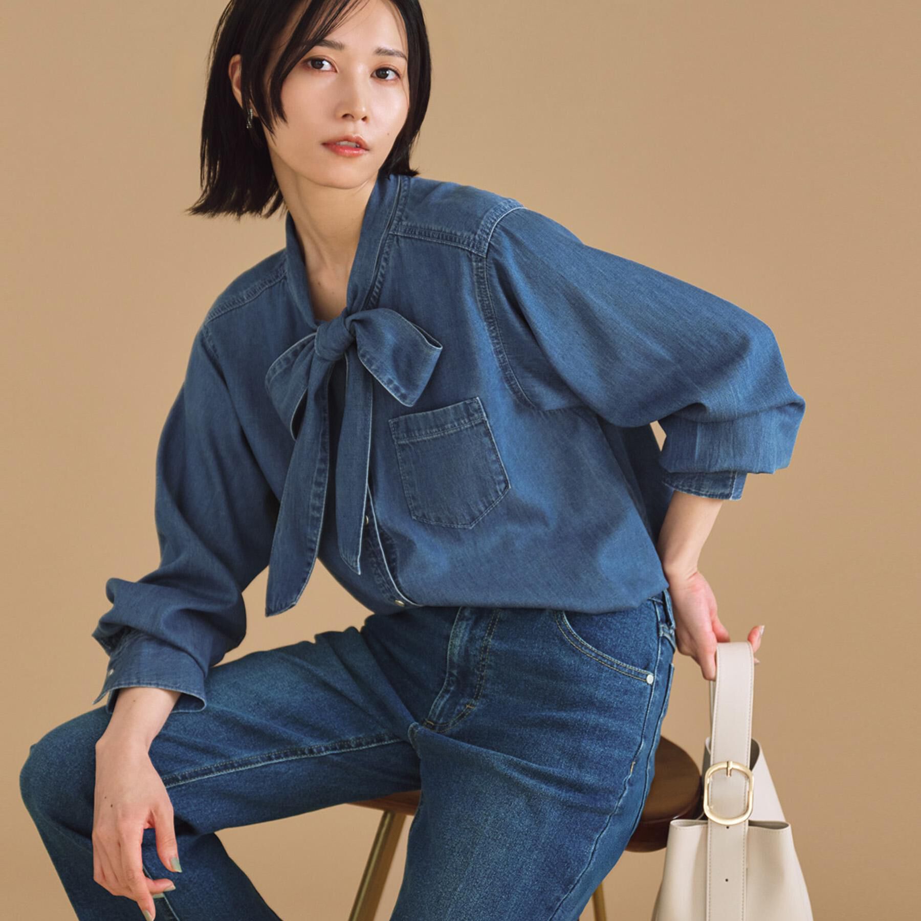 OPAQUE.CLIP「セルロース混デニムボウタイブラウス【洗濯機洗い可】」|シャツ・ブラウス|