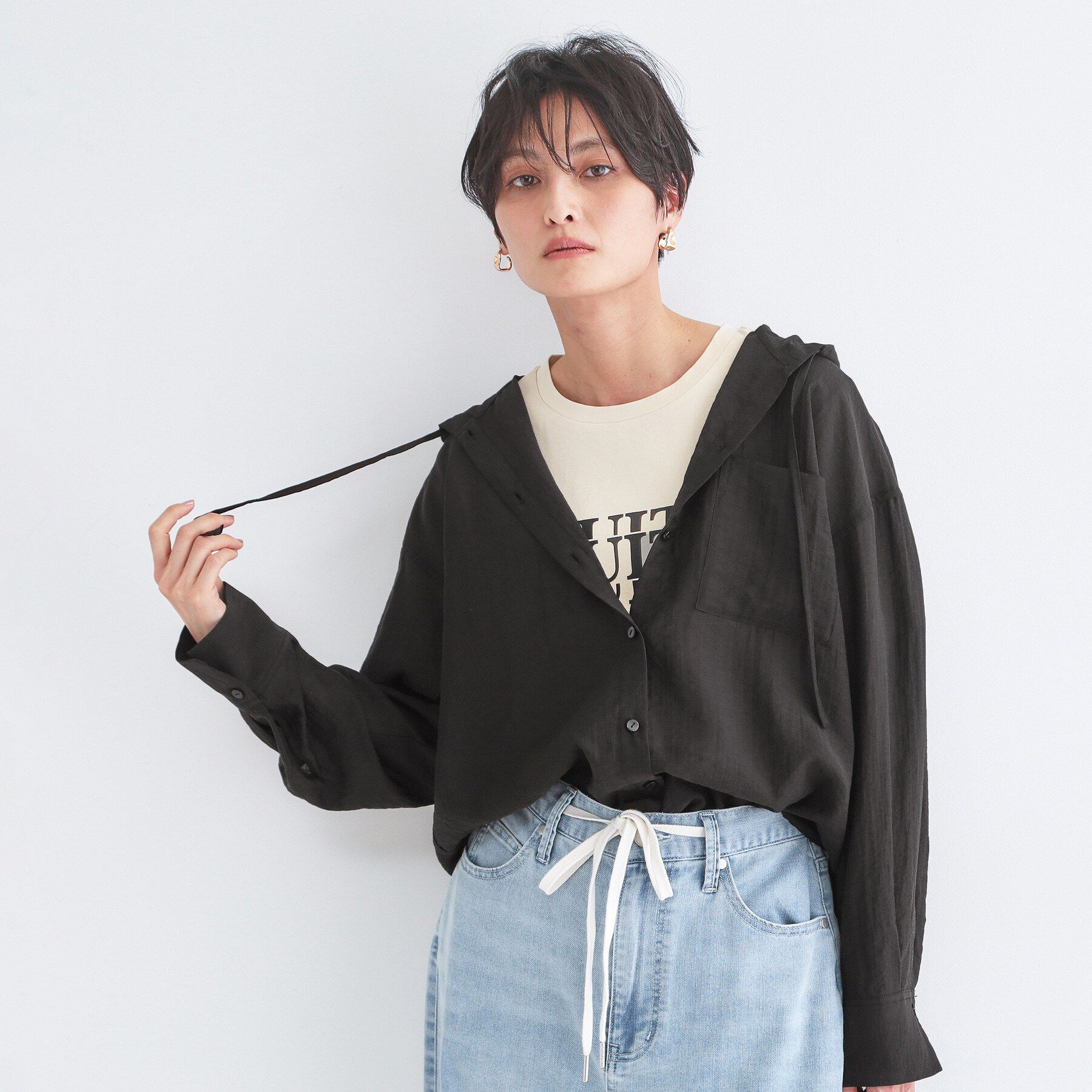 OPAQUE.CLIP「シアーフーディシャツ【洗濯機OK】」|シャツ・ブラウス|ブラック(019)