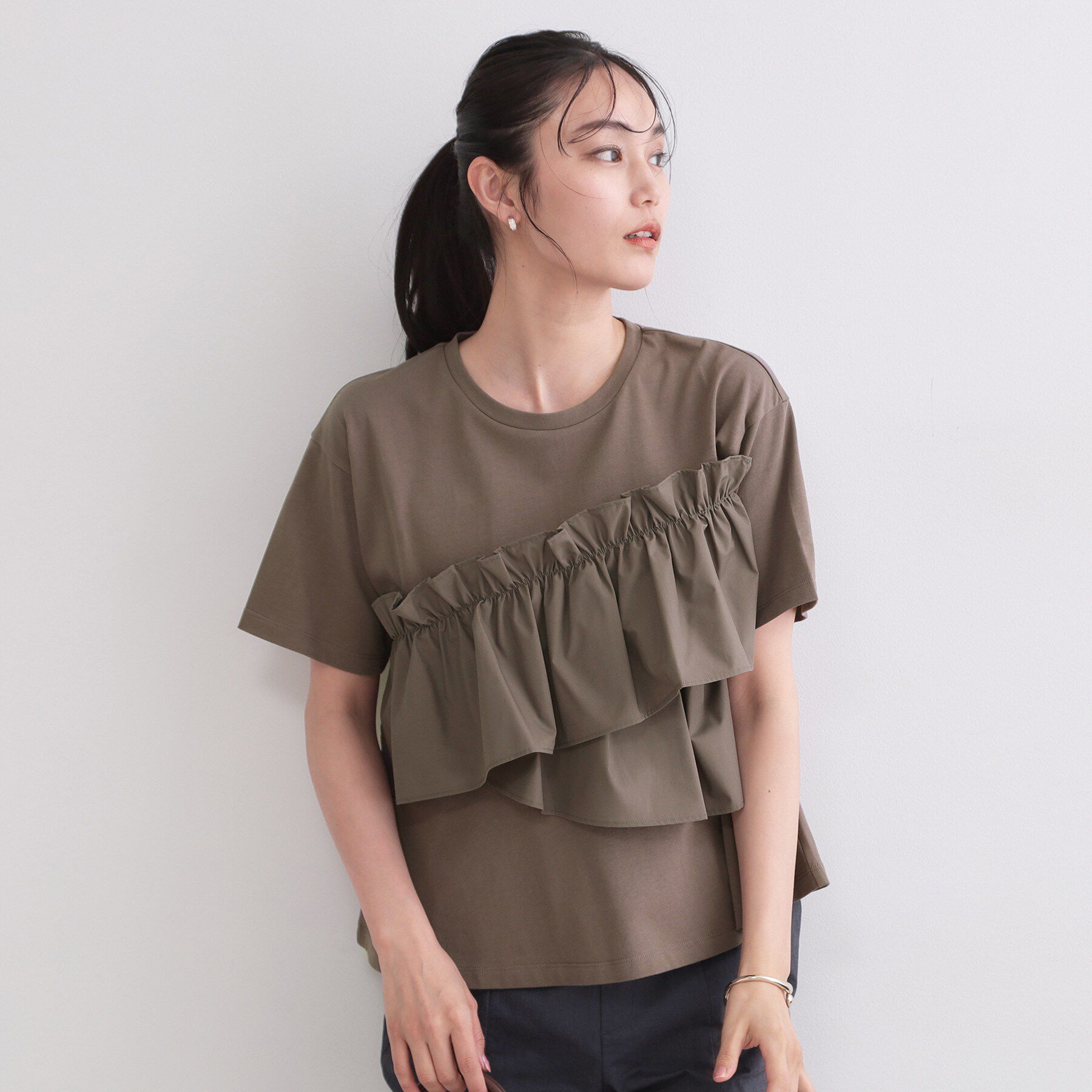 OPAQUE.CLIP「アシメフリルドッキングカットソー【洗濯機OK】」|Tシャツ・カットソー|