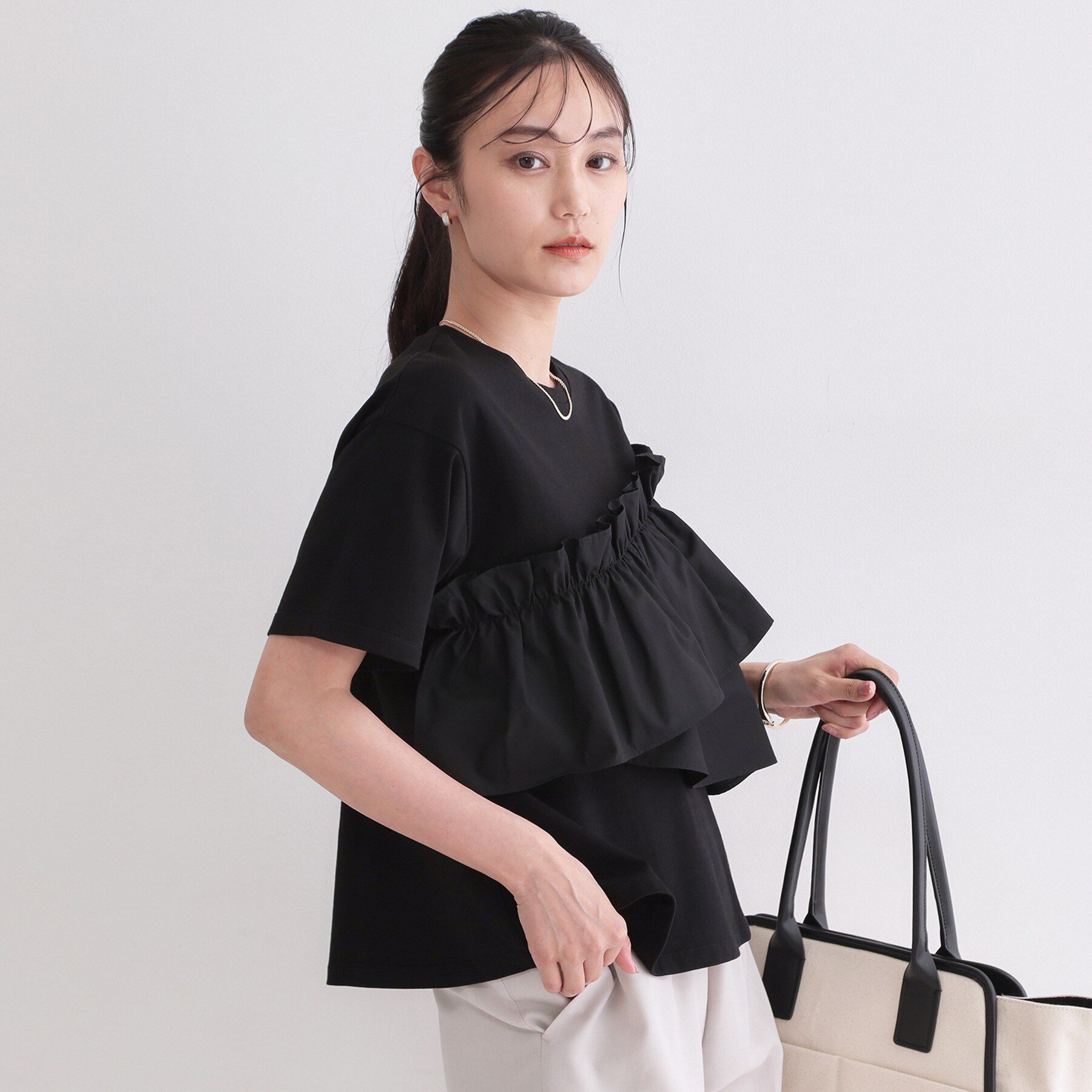 OPAQUE.CLIP「アシメフリルドッキングカットソー【洗濯機OK】」|Tシャツ・カットソー|