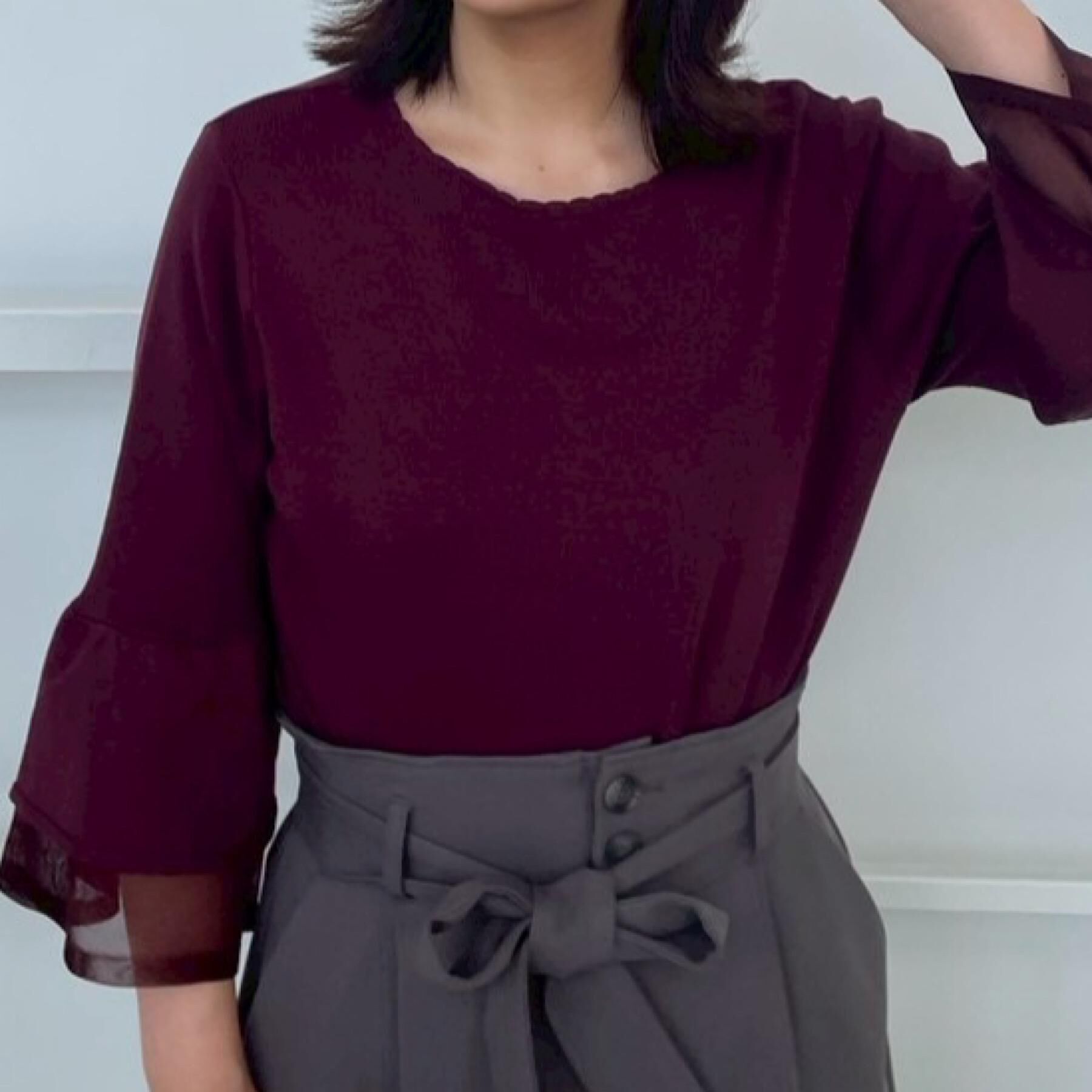 Couture broach「【フェミニン・着映え・通勤】シアーフレアー袖ニットトップス」|ニット・セーター|