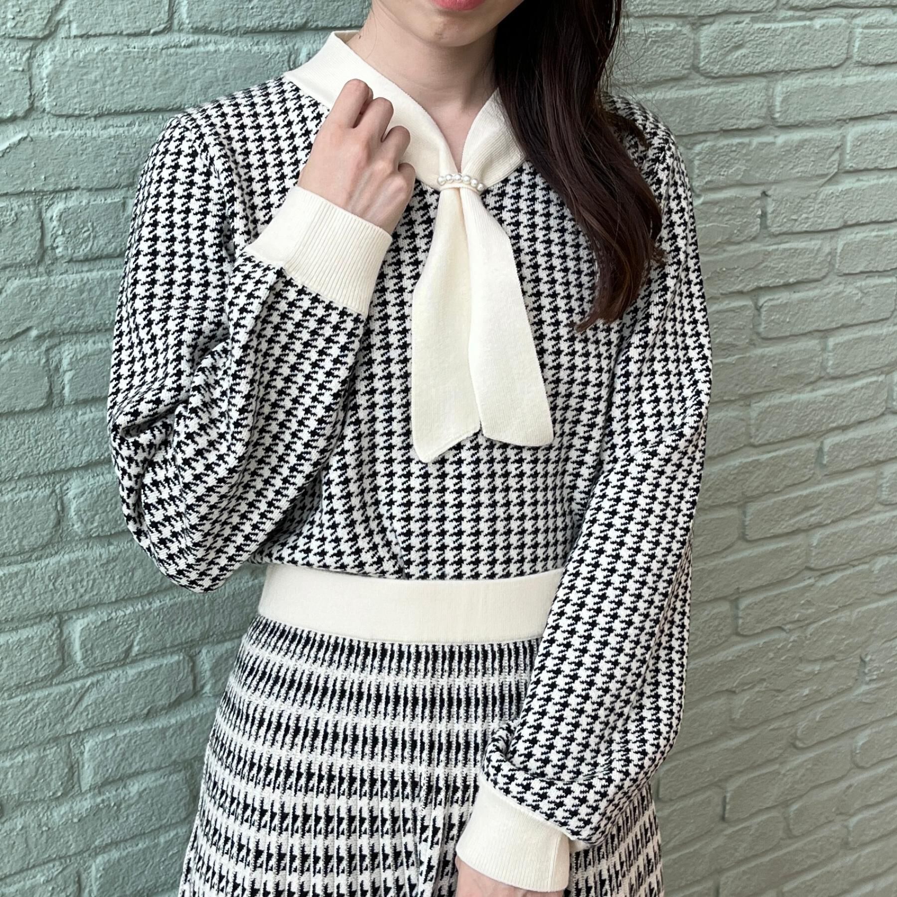 Couture broach「【クラシカル・大人レディ】千鳥ジャカードパール調タイニットトップス」|ニット・セーター|