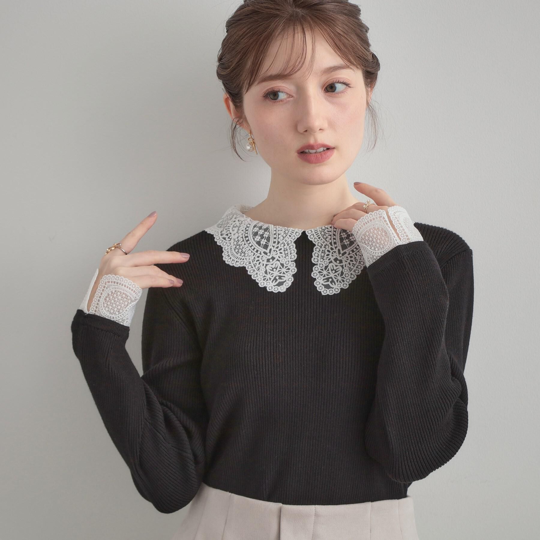 Couture broach「【着映え・フェミニン・通勤】レース衿カフス付きリブニット」|ニット・セーター|