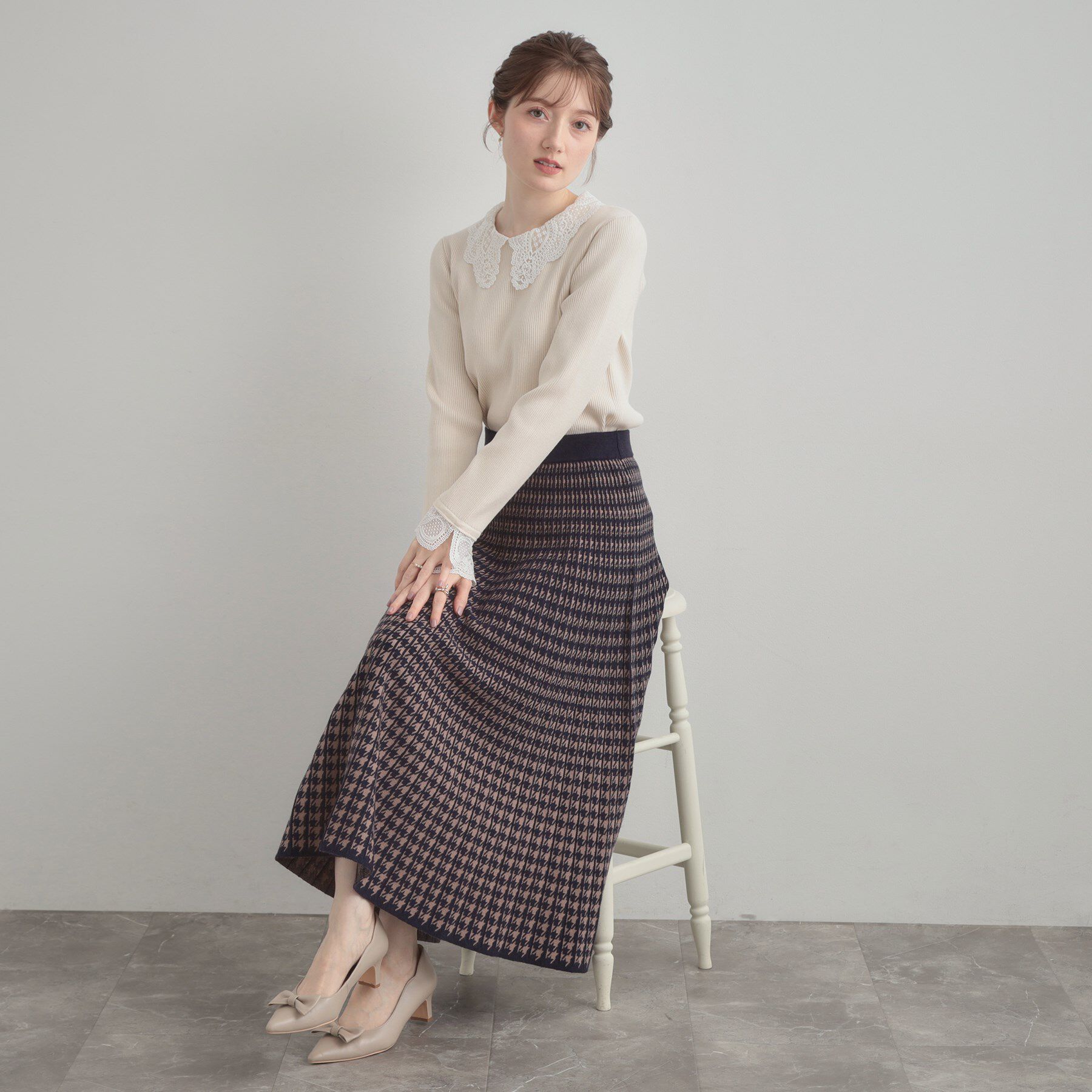 Couture broach「【クラシカル・大人上品】千鳥ジャカードニットプリーツスカート」|スカート|ネイビー(294)