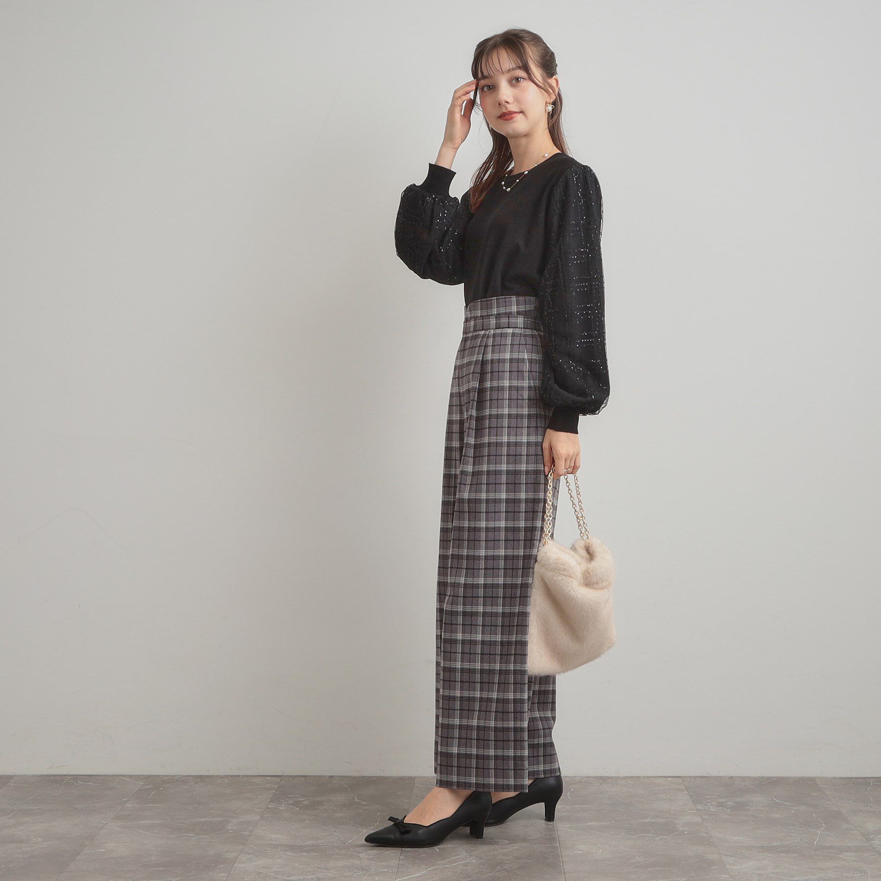 Couture broach「【フェミニン・着映え】袖チェックチュール ドッキングニット」|ニット・セーター|