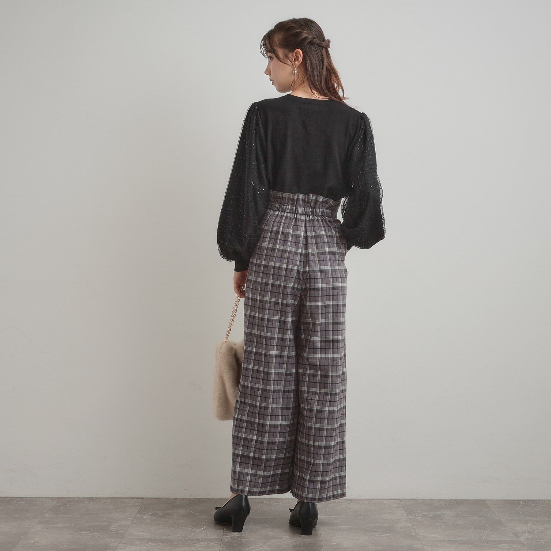 Couture broach「【フェミニン・着映え】袖チェックチュール ドッキングニット」|ニット・セーター|