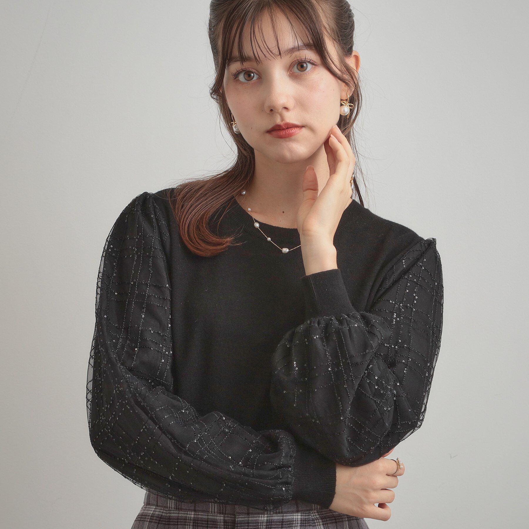 Couture broach「【フェミニン・着映え】袖チェックチュール ドッキングニット」|ニット・セーター|
