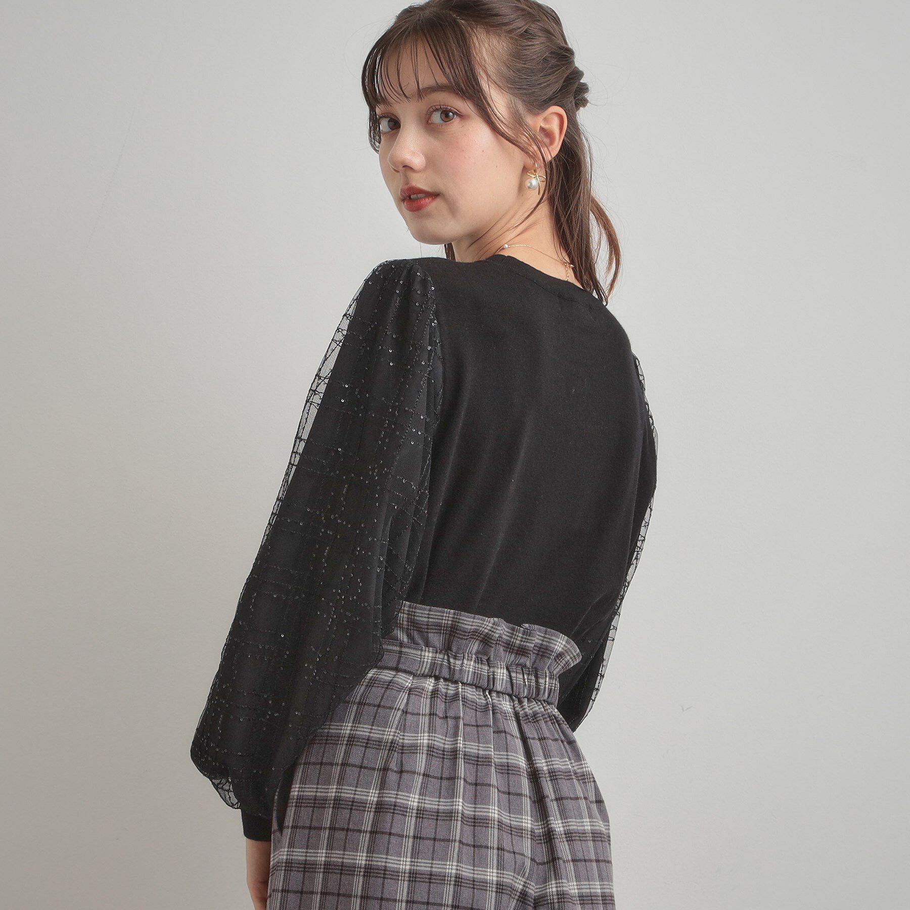 Couture broach「【フェミニン・着映え】袖チェックチュール ドッキングニット」|ニット・セーター|