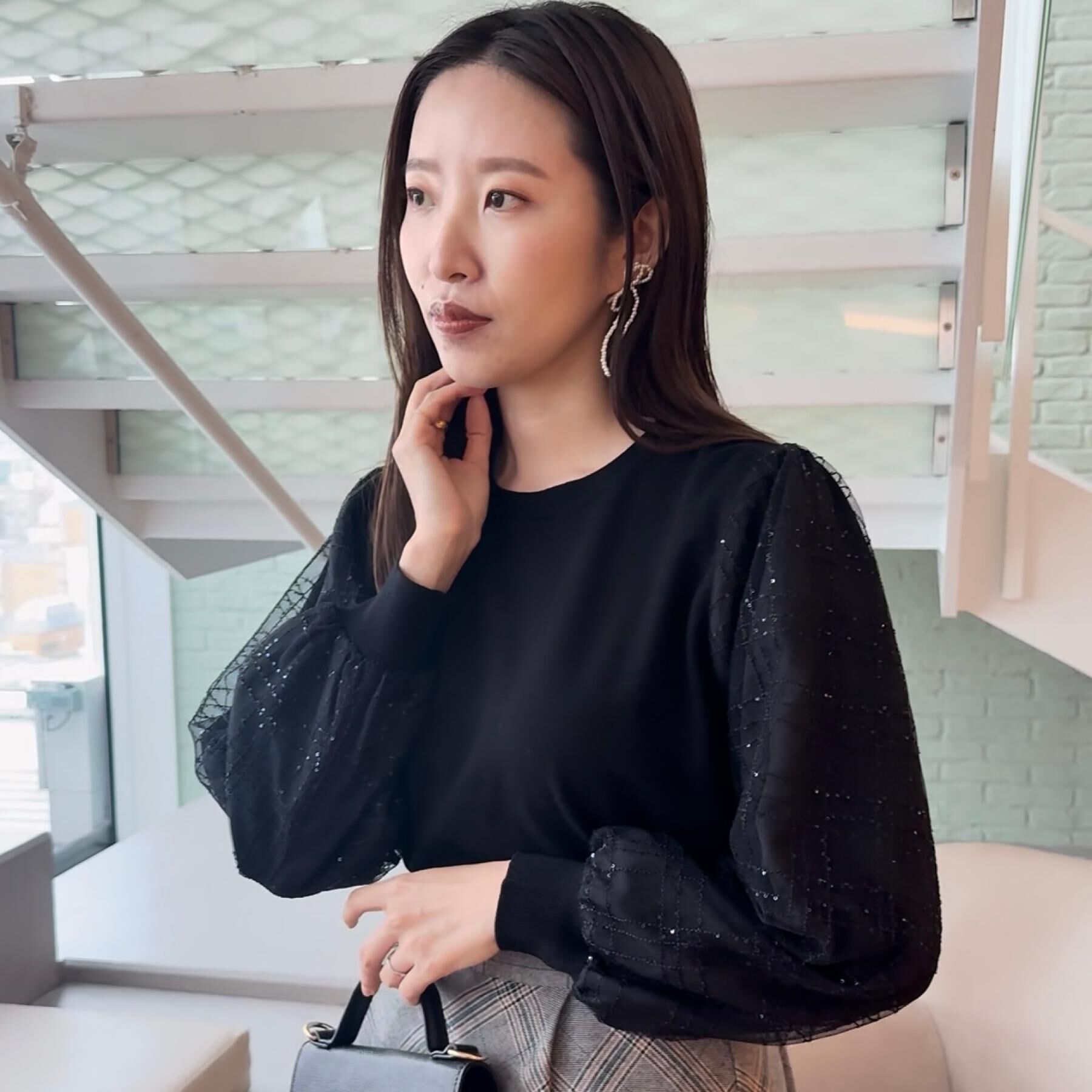 Couture broach「【フェミニン・着映え】袖チェックチュール ドッキングニット」|ニット・セーター|