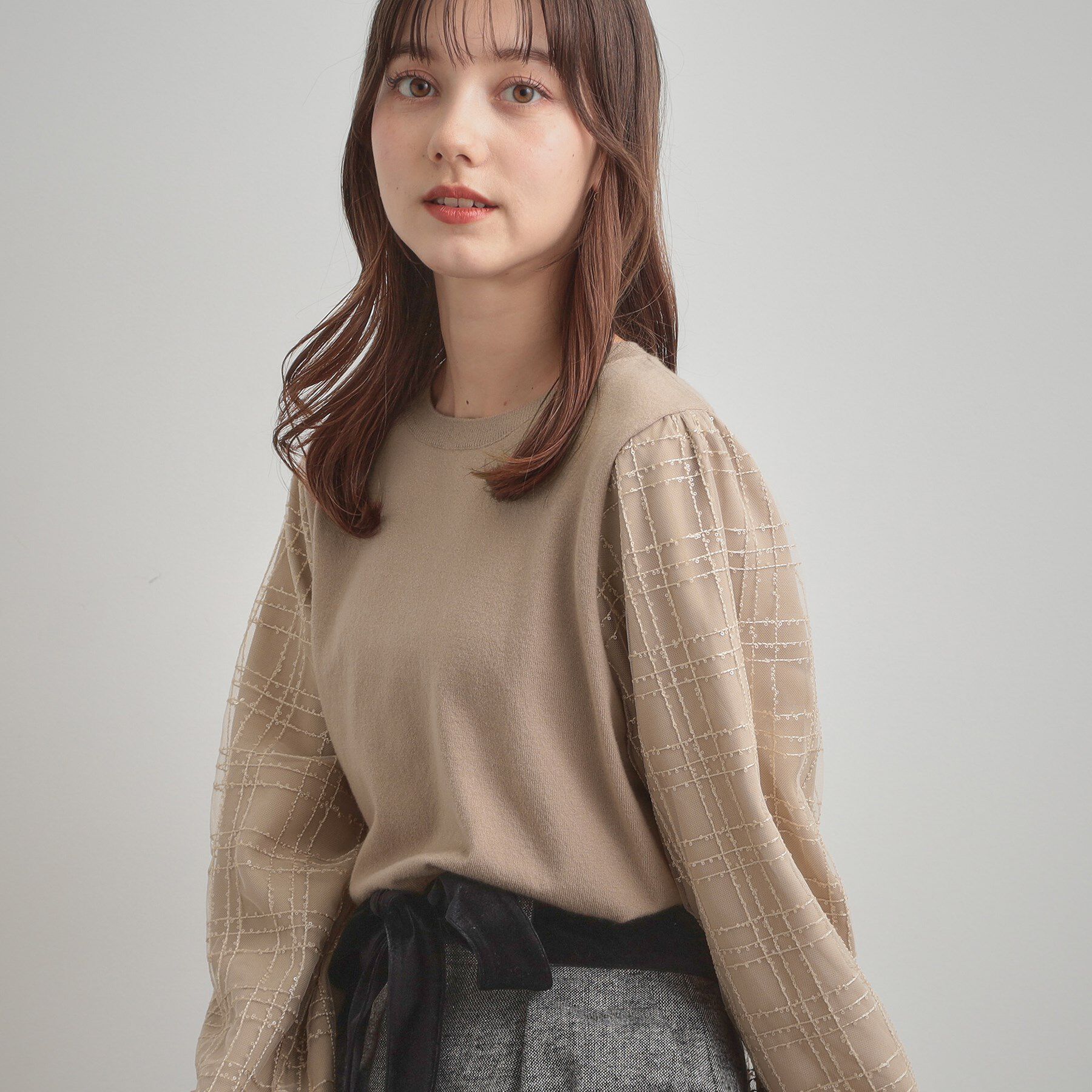 Couture broach「【フェミニン・着映え】袖チェックチュール ドッキングニット」|ニット・セーター|