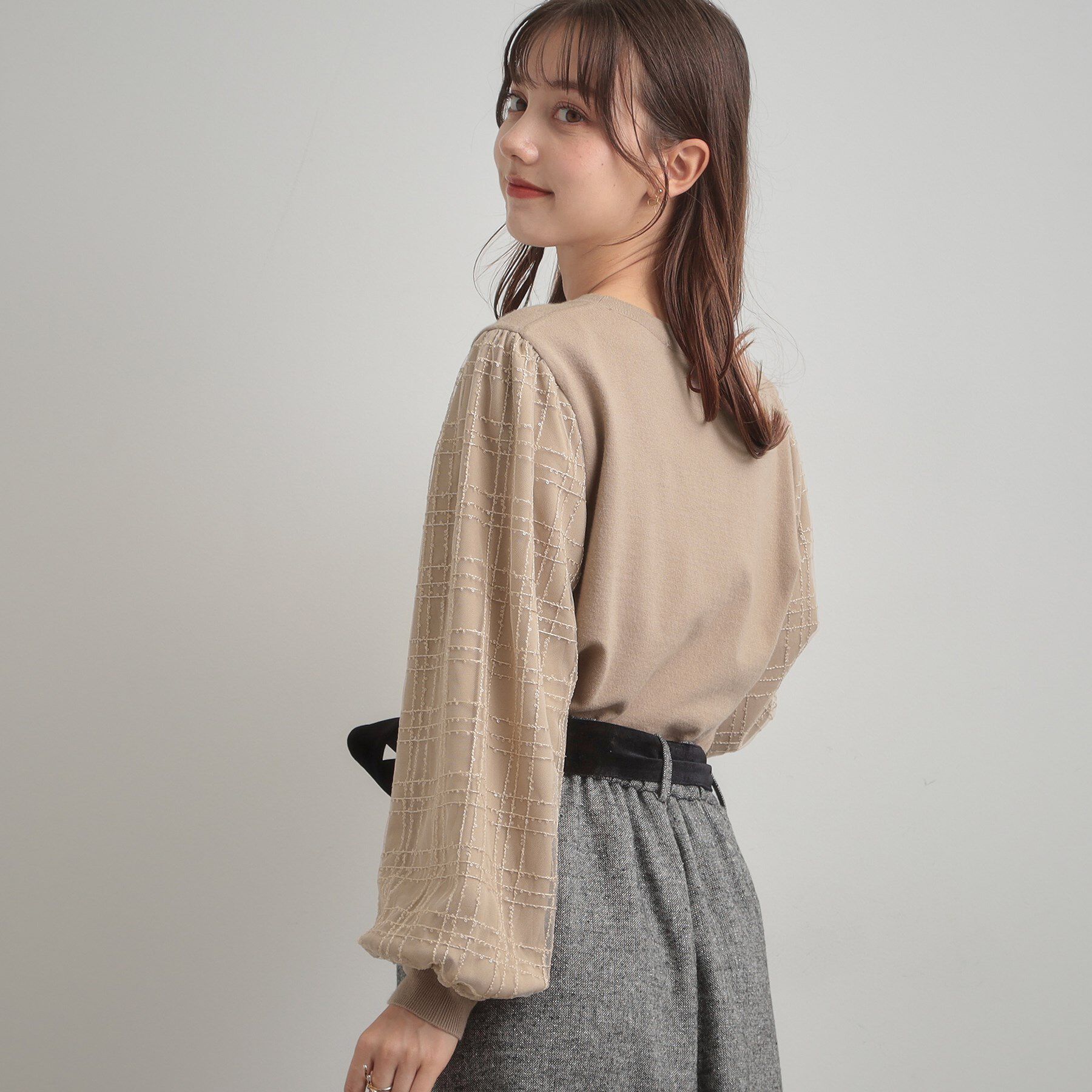 Couture broach「【フェミニン・着映え】袖チェックチュール ドッキングニット」|ニット・セーター|