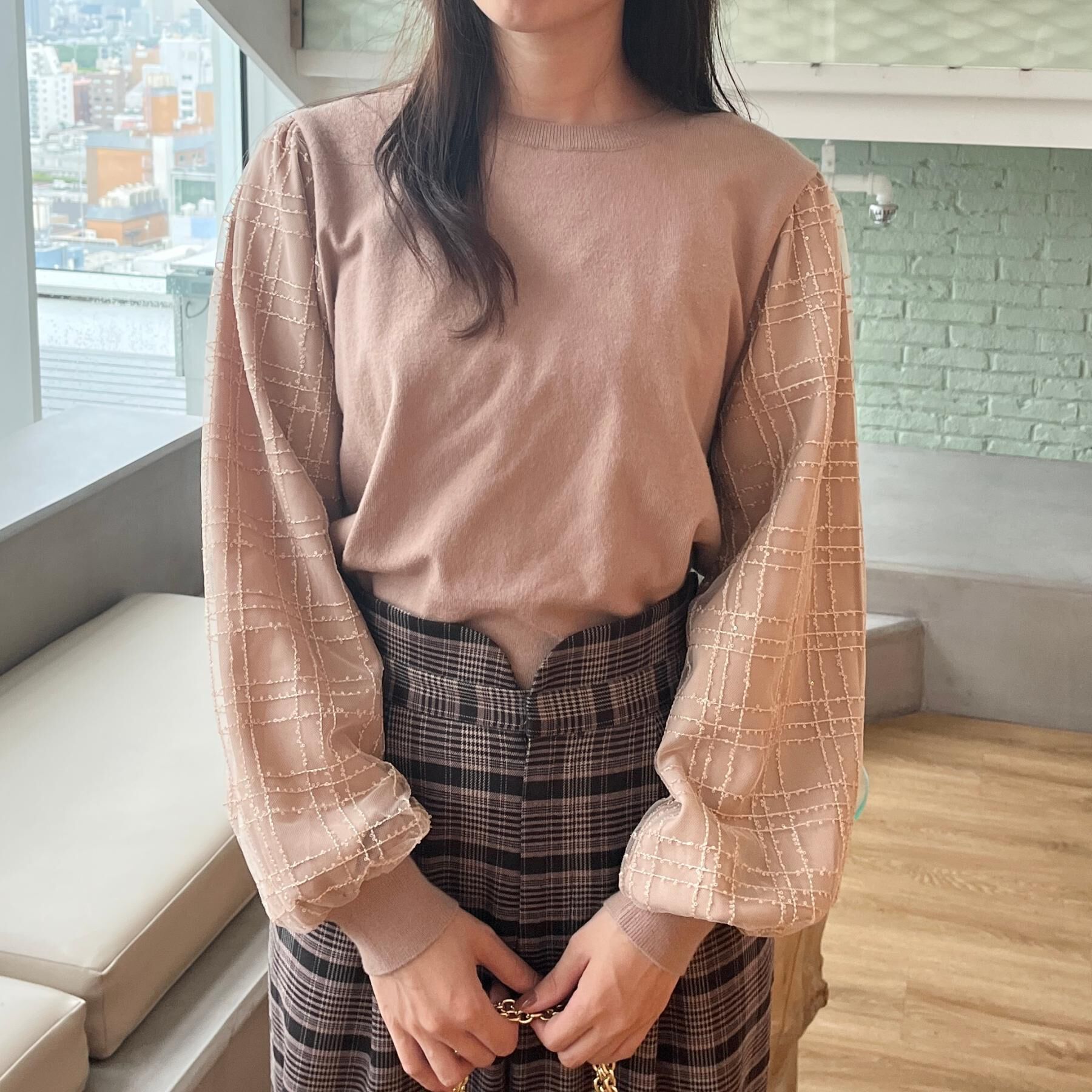 Couture broach「【フェミニン・着映え】袖チェックチュール ドッキングニット」|ニット・セーター|