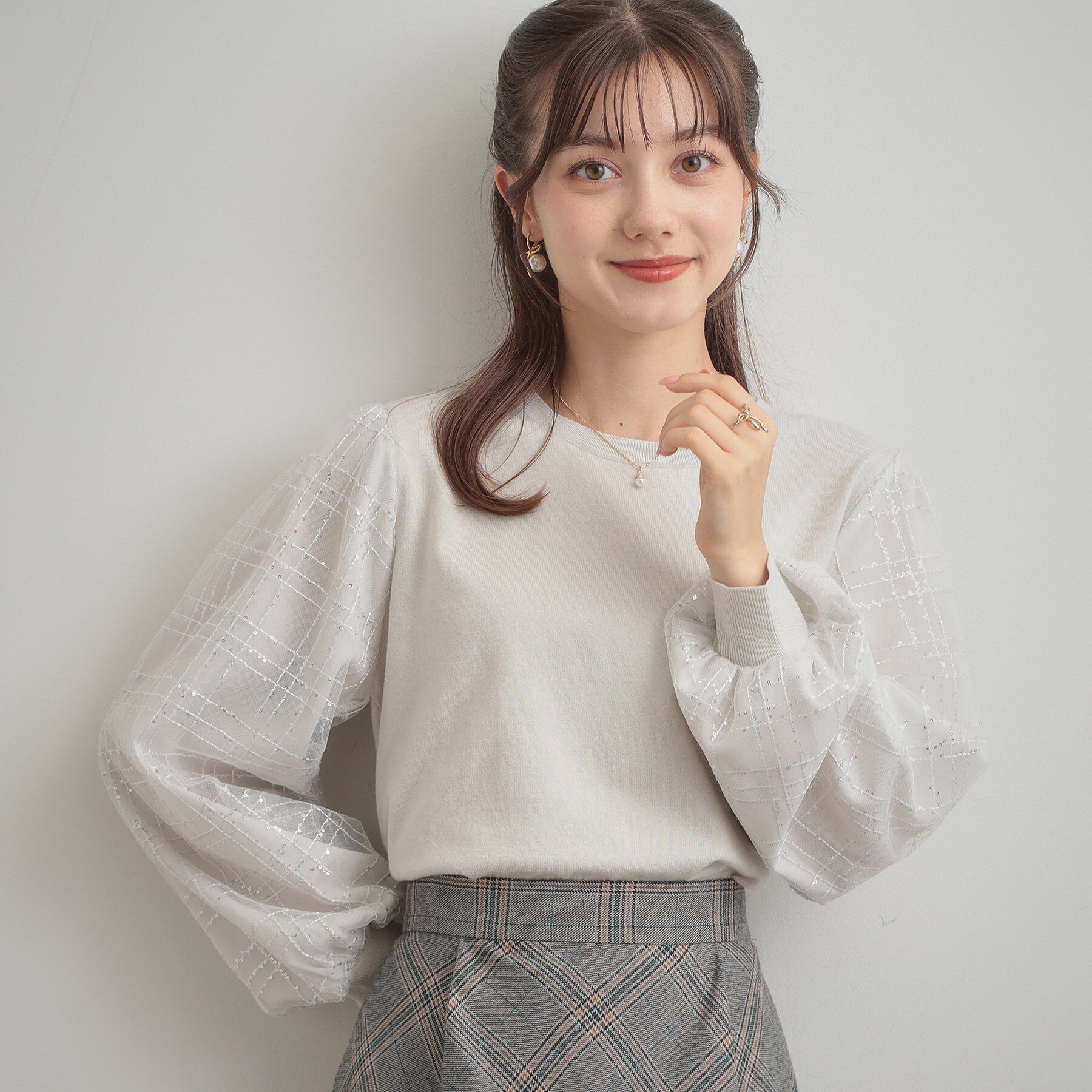 Couture broach「【フェミニン・着映え】袖チェックチュール ドッキングニット」|ニット・セーター|