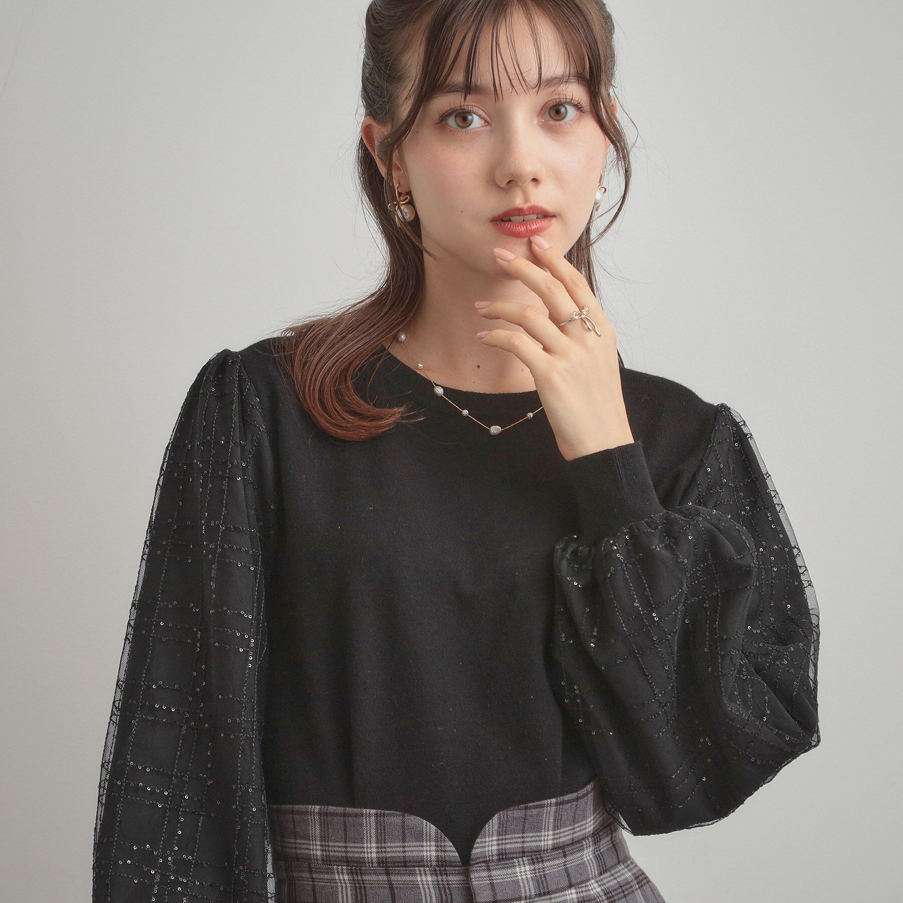 Couture broach「【フェミニン・着映え】袖チェックチュール ドッキングニット」|ニット・セーター|ブラック(019)