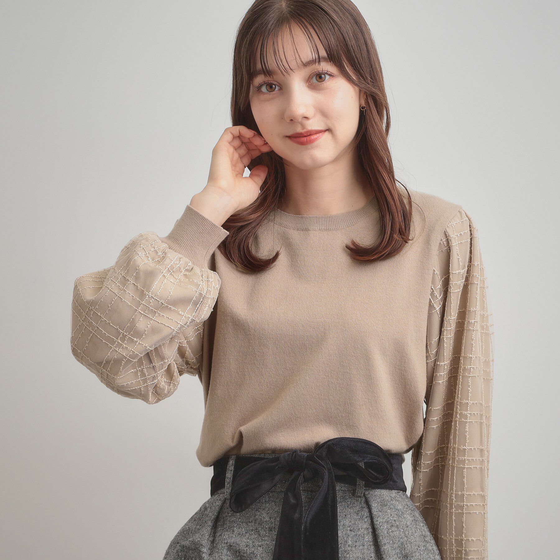 Couture broach「【フェミニン・着映え】袖チェックチュール ドッキングニット」|ニット・セーター|ピンクベージュ(05