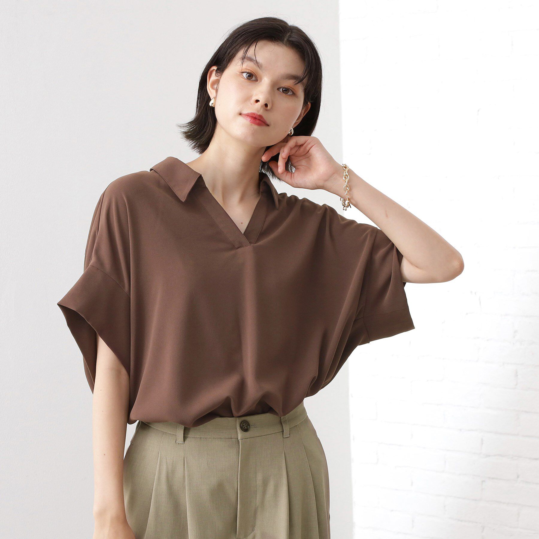 THE SHOP TK「【インしなくても決まる】スキッパーシャツ/接触冷感/防シワ/速乾」|シャツ・ブラウス|ブラウン(044)