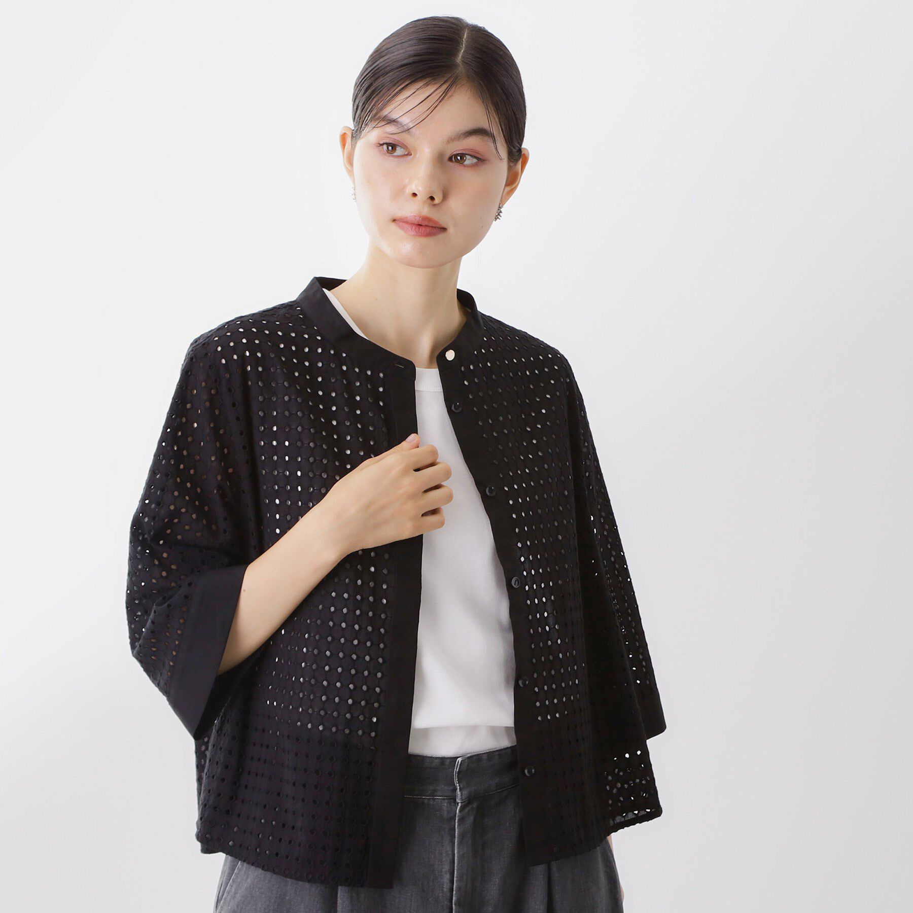 THE SHOP TK「5分袖レース刺繍コットンシャツ」|シャツ・ブラウス|ブラック(019)