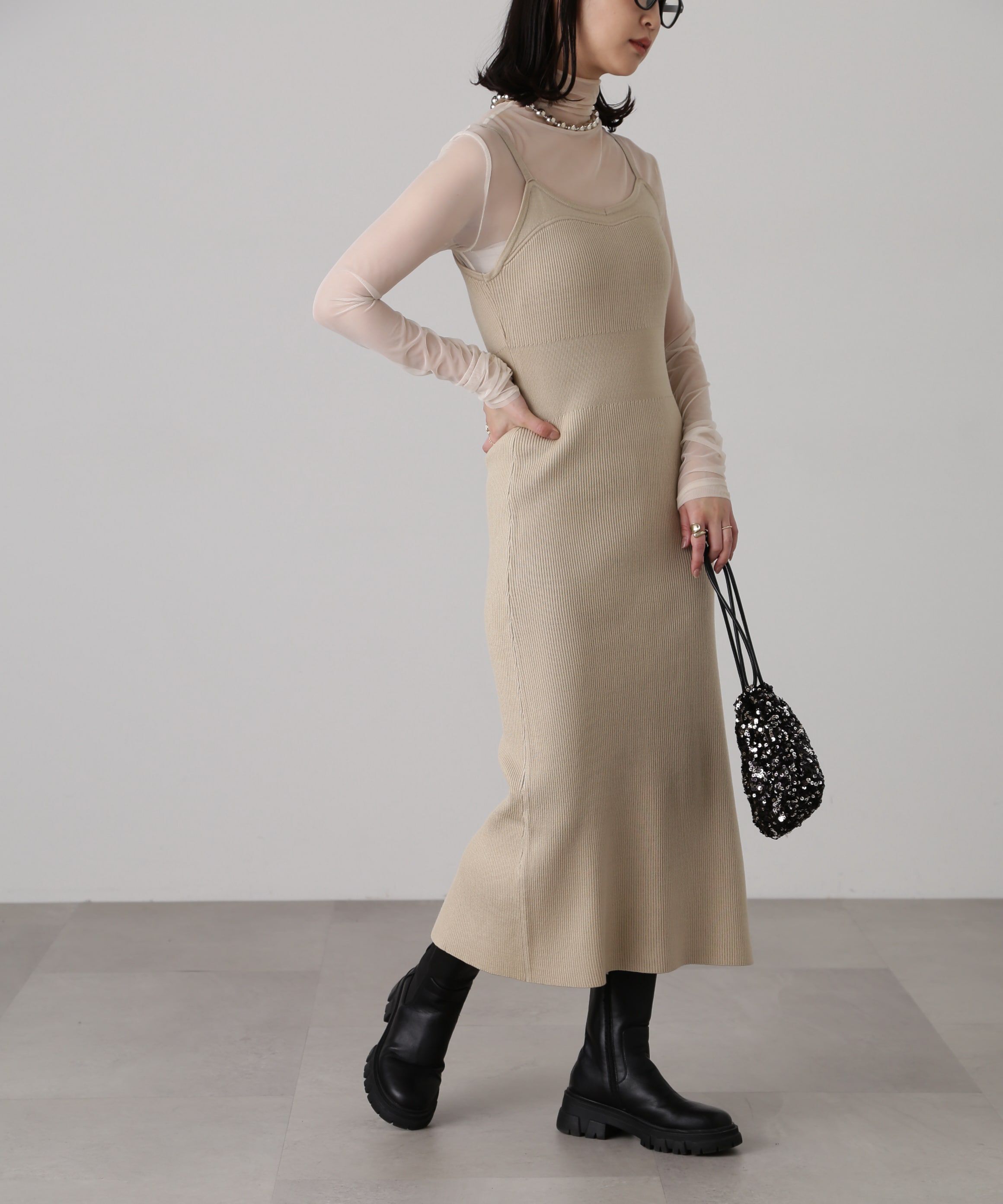  「［セットアップ対応］Iラインリブニットワンピース」|ワンピース|