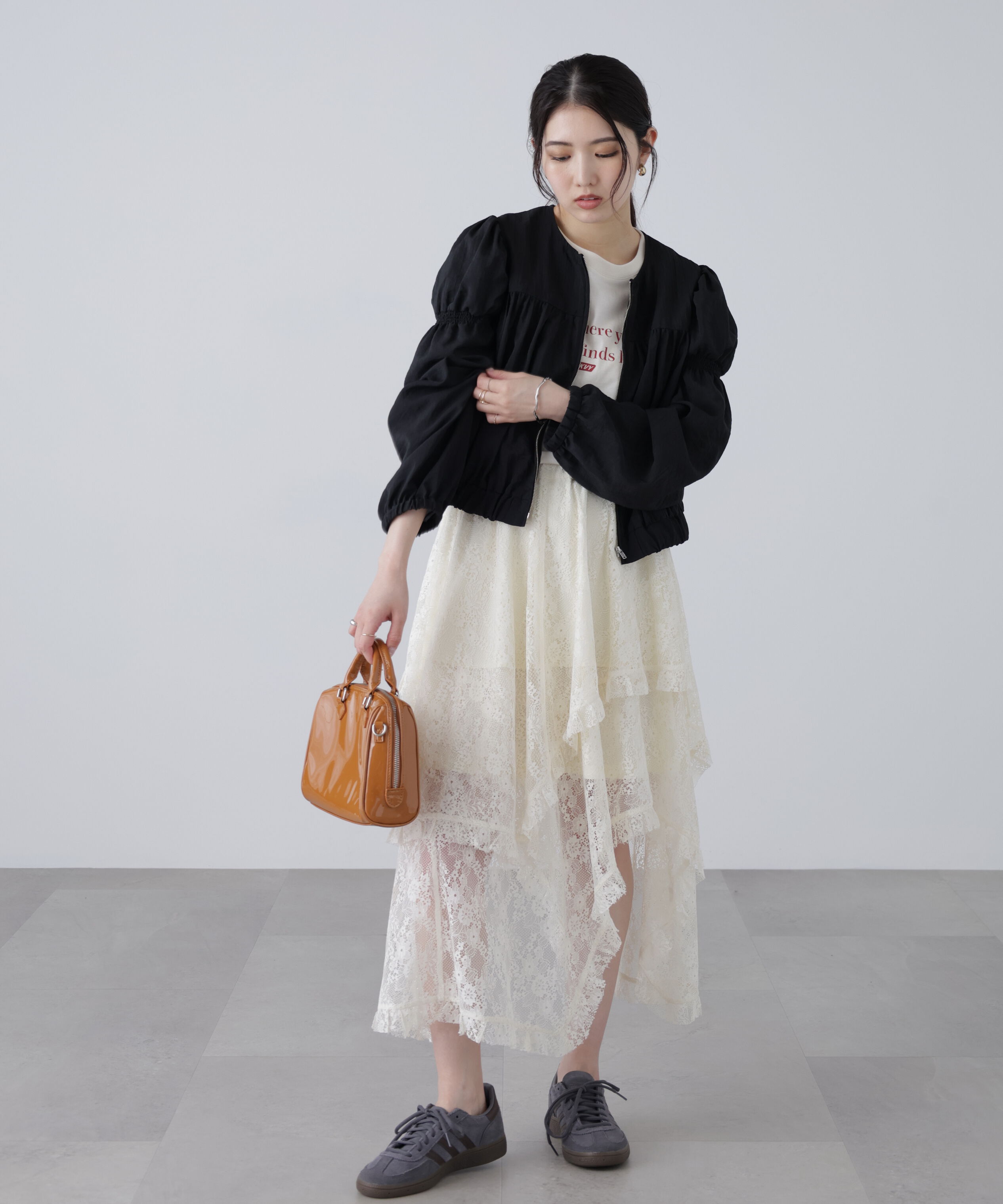  「ノーカラーギャザーシャツブルゾン」|ブルゾン・スタジャン|