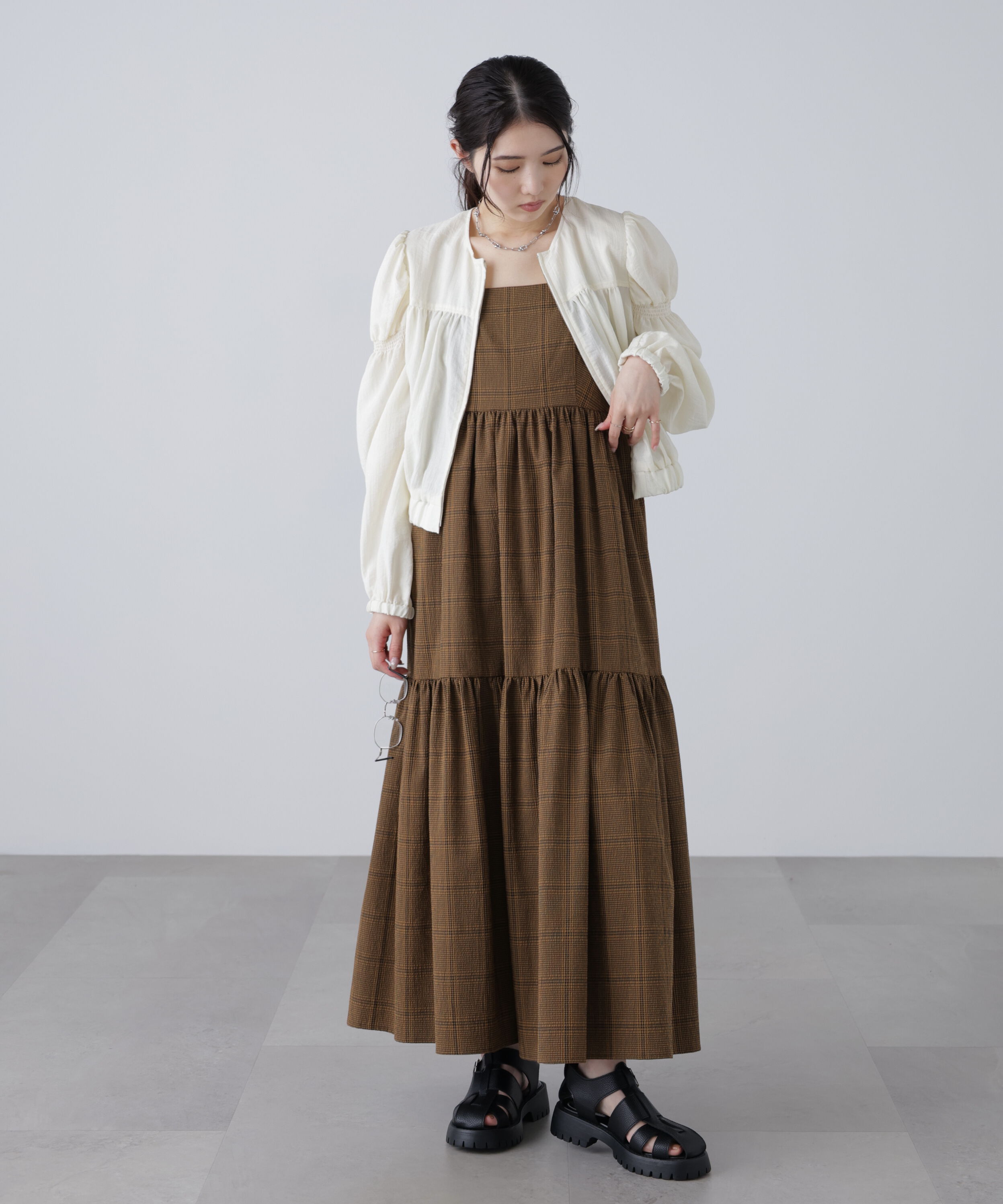  「ノーカラーギャザーシャツブルゾン」|ブルゾン・スタジャン|