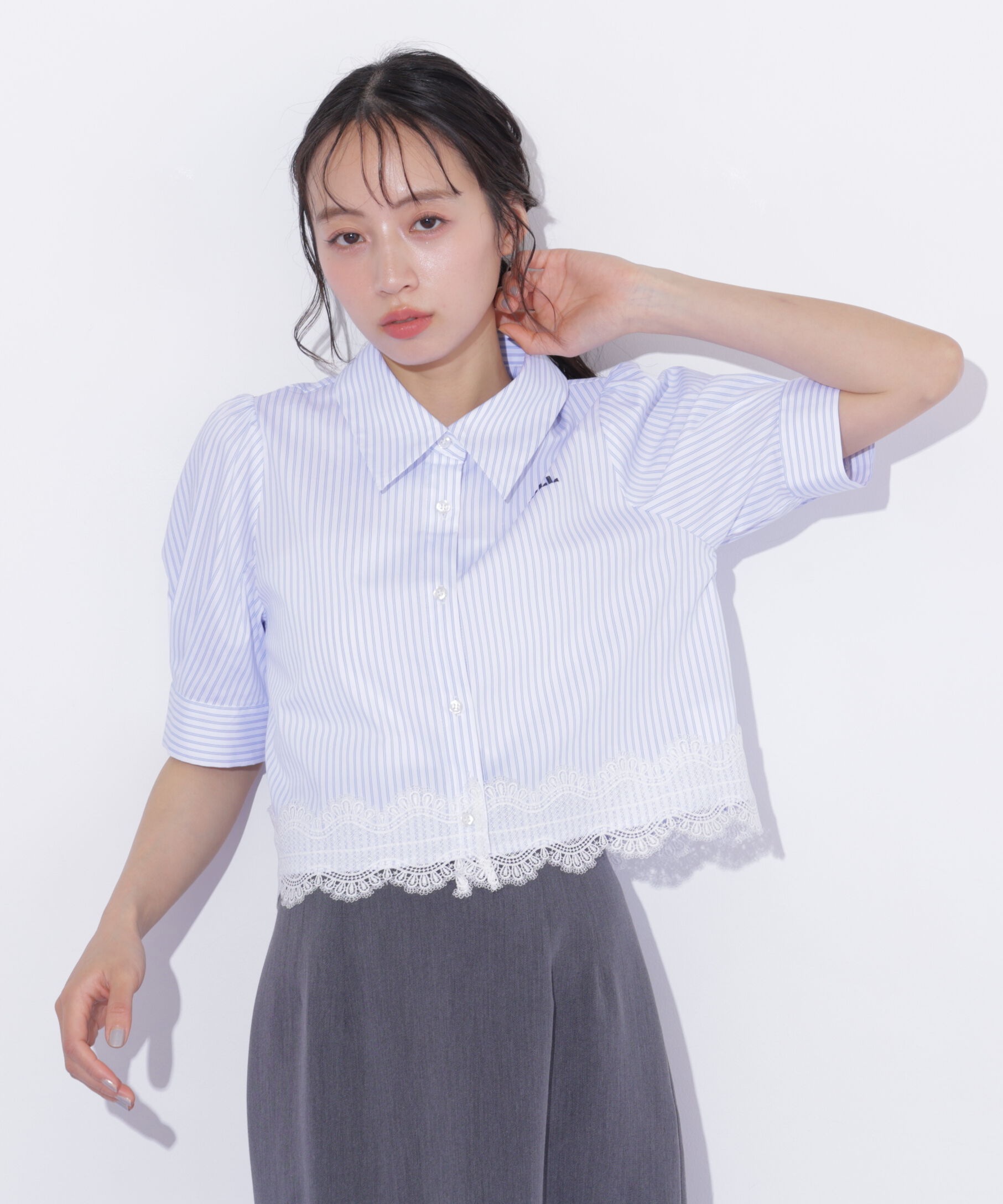  「ヘムレース五分袖ブラウス」|シャツ・ブラウス|