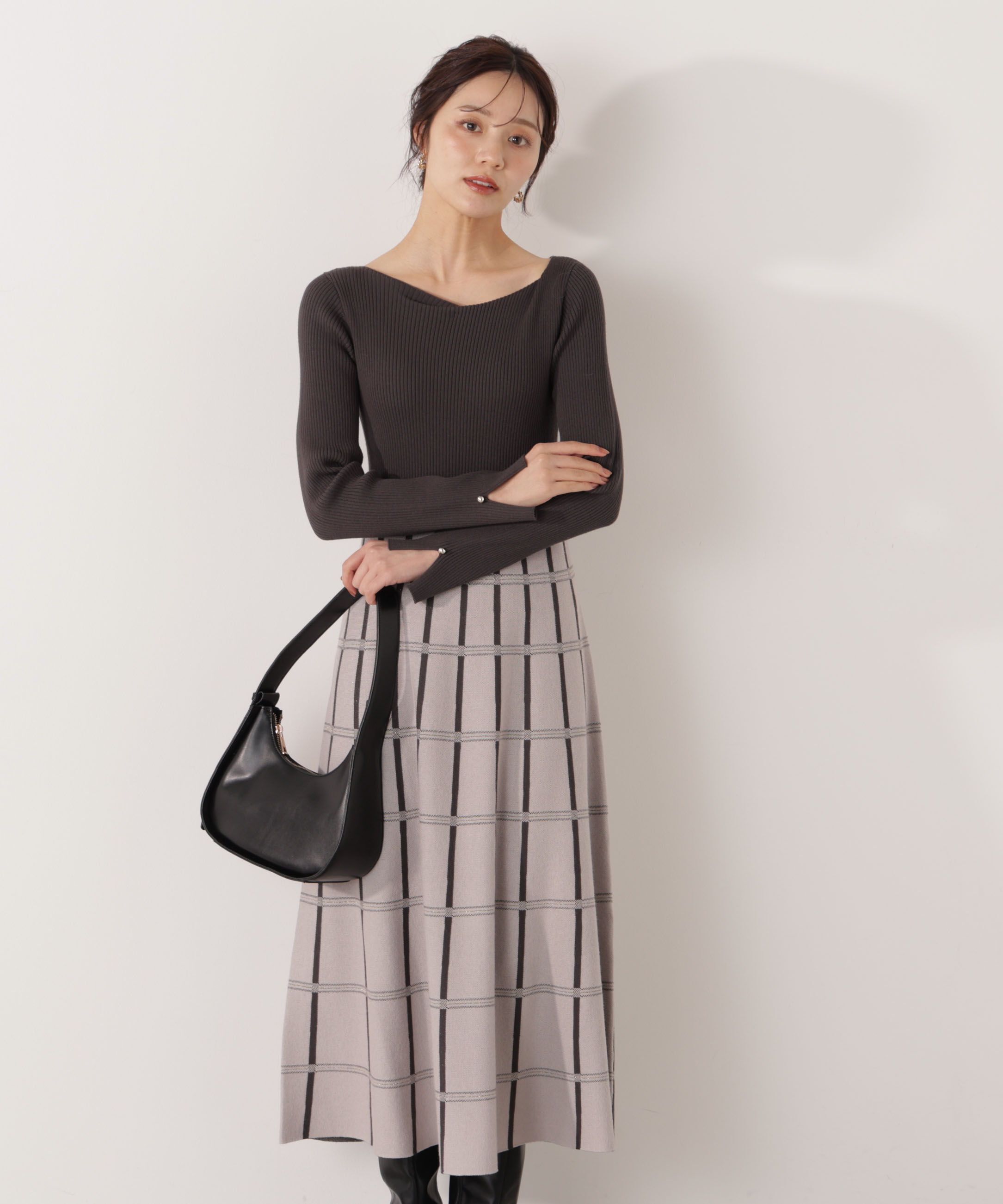 PROPORTION BODY DRESSING「チェック柄ジャガードニットワンピース 25AW」|ワンピース|チャコール2