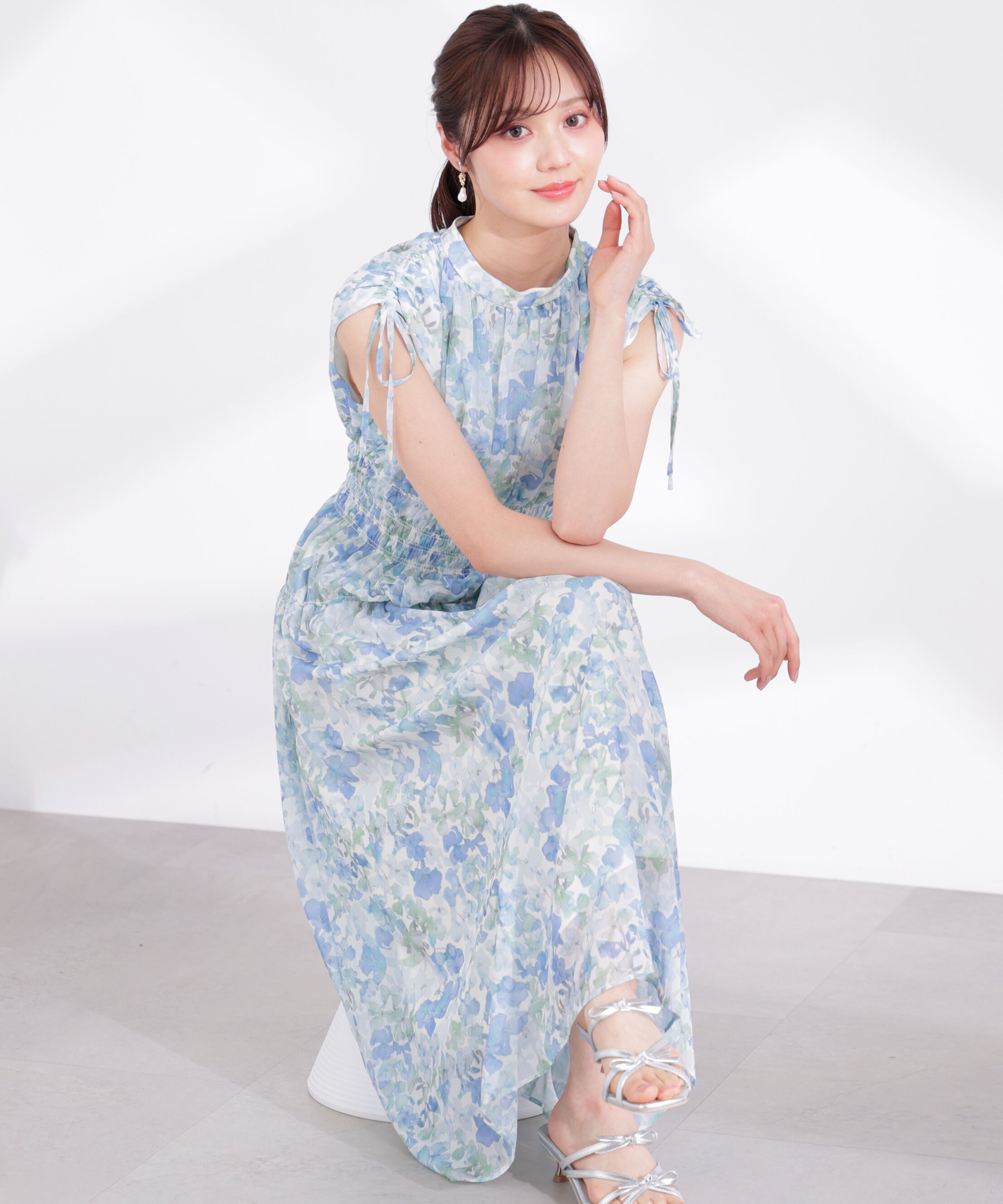 PROPORTION BODY DRESSING「2wayスリーブ花柄シャーリングワンピース 26SS」|ワンピース|ブルー