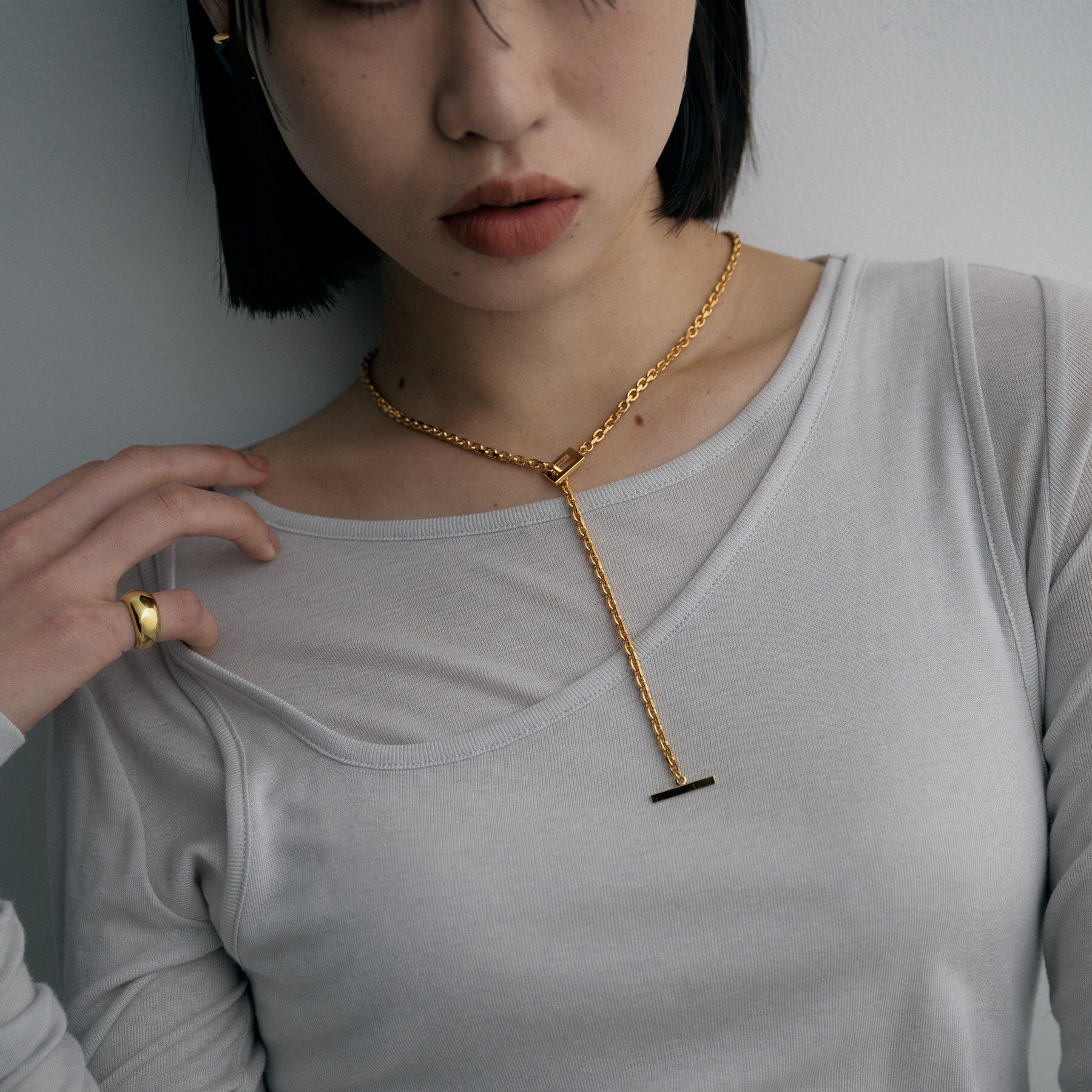 COCOSHNIK ONKITSCH「シルバー カットケーブルチェーン レクタングルマンテルネックレス（55cm） GP」|ネックレス|